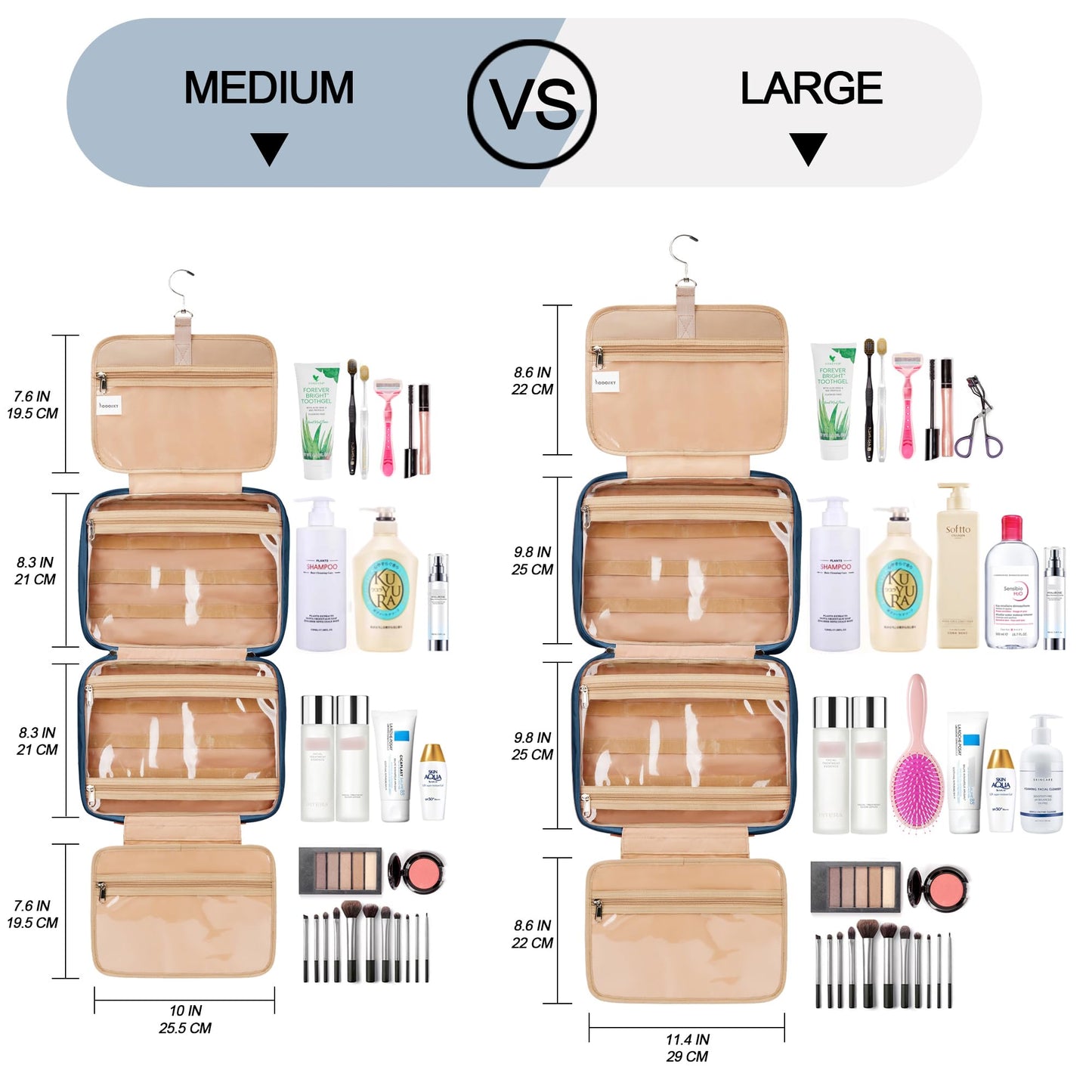 Travel Hanging Toiletry Bag for Women, Extra Large Makeup Bag, Holds Full-Size Shampoo, with Jewelry Organizer Compartment, Waterproof Cosmetic Bag, Toiletries Kit Set with Trolley Belt, Navy Blue