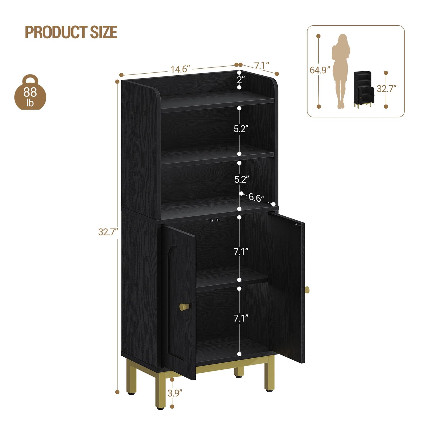 Hzuaneri Bathroom Storage Cabinet, Small Floor Cabinet with 2 Door and Shelves, Toilet Paper Cabinets, Bathroom Organizer with Adjustable Shelf, for Small Spaces Black,Square Door,7.1" Dx14.6 Wx32.7 H