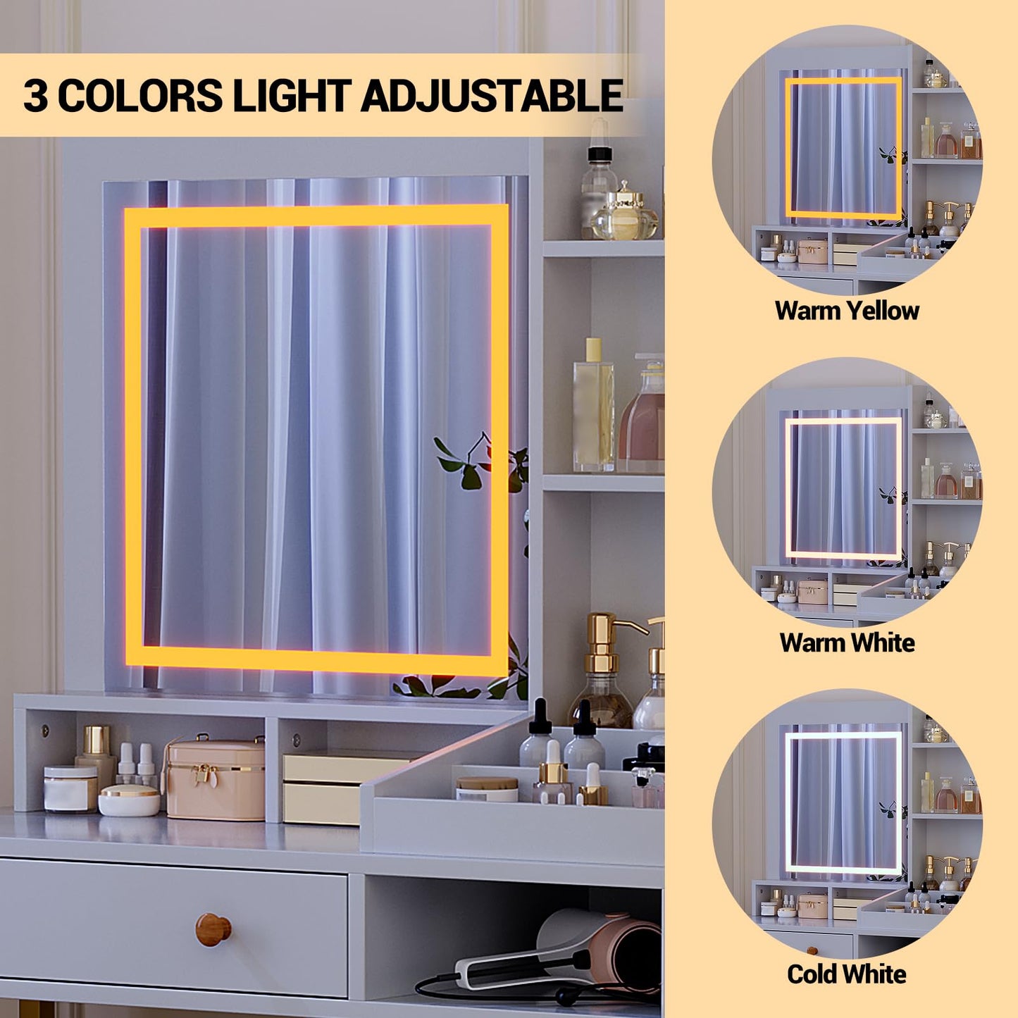 Garvee Vanity Desk with Lighted Mirror Adjustable Brightness & Power Outlet, Makeup Vanity Table with 2 Drawers and Shelves, White and Gold Vanity, Dressing Table for Women & Girls