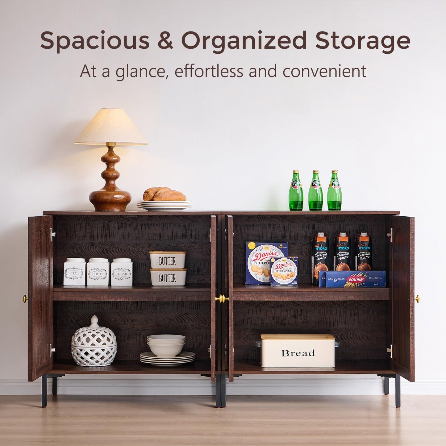 IFGET Modern Buffet Cabinet with Storage, 34" Tall Fluted Arched Sideboard Cabinet w/Adjustable Shelves, Wooden Modular Coffee Bar for Dining Room, Kitchen, Living Room, Entryway, Brown