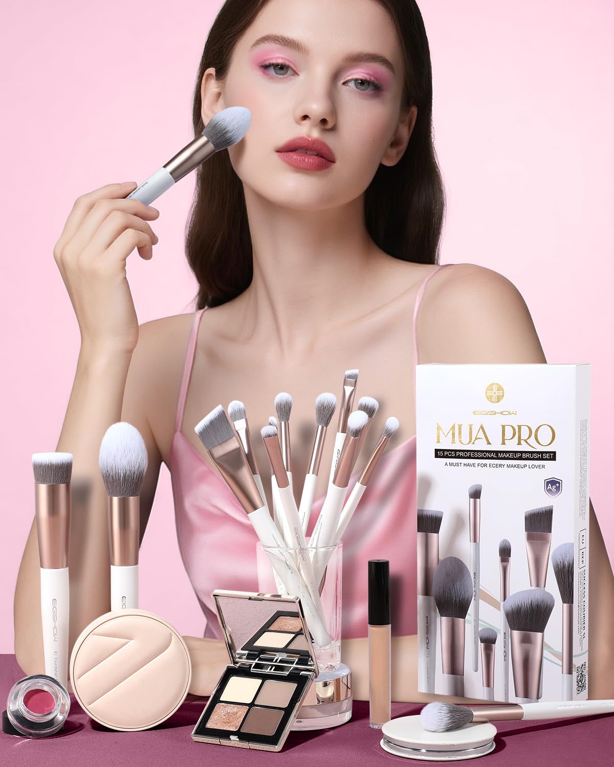 EIGSHOW Makeup Brushes Set, 15Pcs Professional Make Up Brush with Silver Ion Bristles for Foundation Powder Blush Highlighter Concealer Eyeshadow Eyeliner, Travel Gift Set (Champaign Gold)