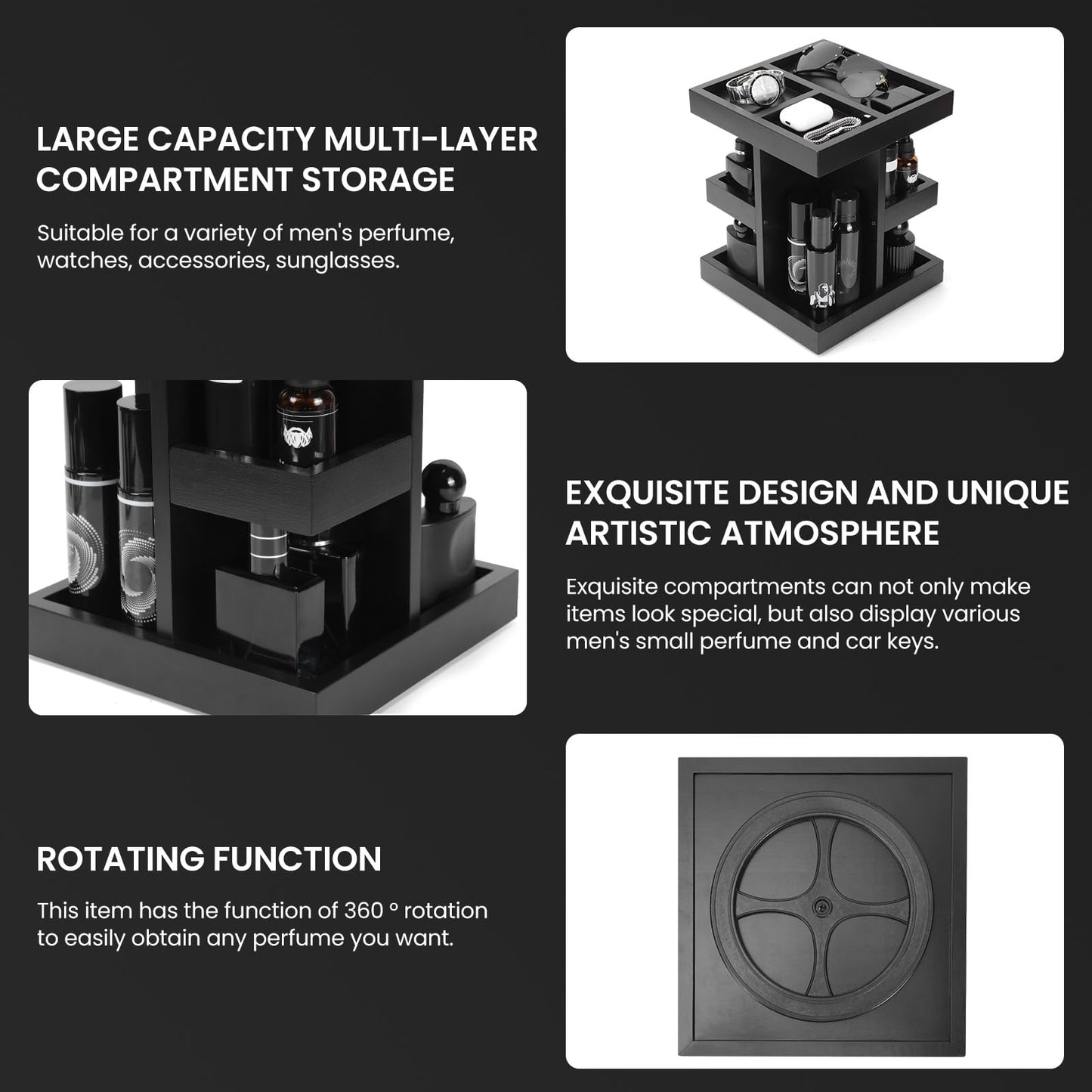 TRQWRO Gift for Men,Mens Organizer,Cologne Stand with Rotate,Mens Accessory Organizers or Valet Tray,Birthday Gift for Dad,Husband,Boyfriend,Anniversary Idea for Him,Watch,Perfume Holder