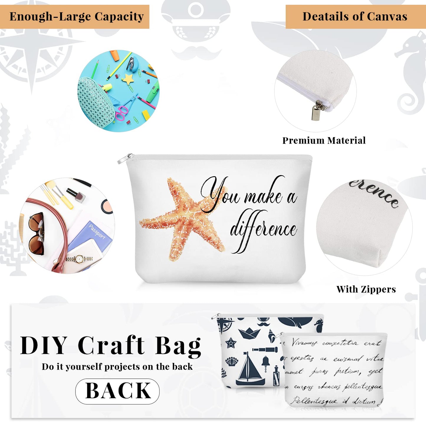 Sieral 20 Pcs Employee Appreciation Gifts Bulk for Volunteer Coworkers You Make a Difference Cosmetic Bags Pouch with Starfish Motivational Cards for Teacher Office Staff