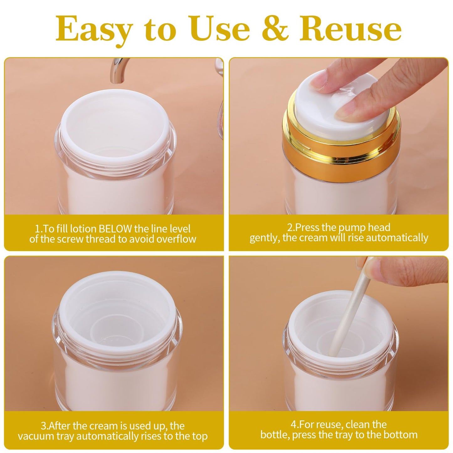 12PCS 1oz Gold Travel Jars for Creams, 30ml Airless Pump Jars Refillable Travel Bottles Empty Makeup Containers for Creams Lotion Moisturizer Toiletries Dispenser
