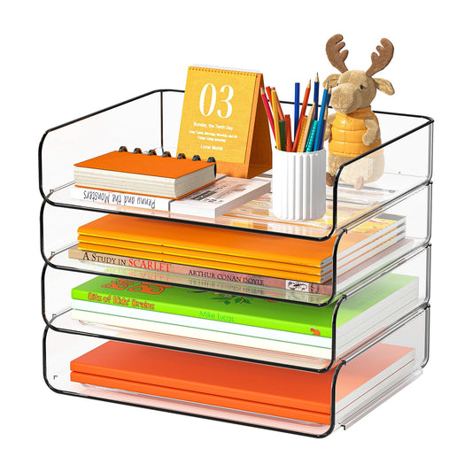 FANXIYQ 4-Tier Acrylic Paper Tray Organizer - Low-Profile Desk File Sorter for Office/Home, Clear Stackable Letter Tray for Bills, Crafts, Notebooks