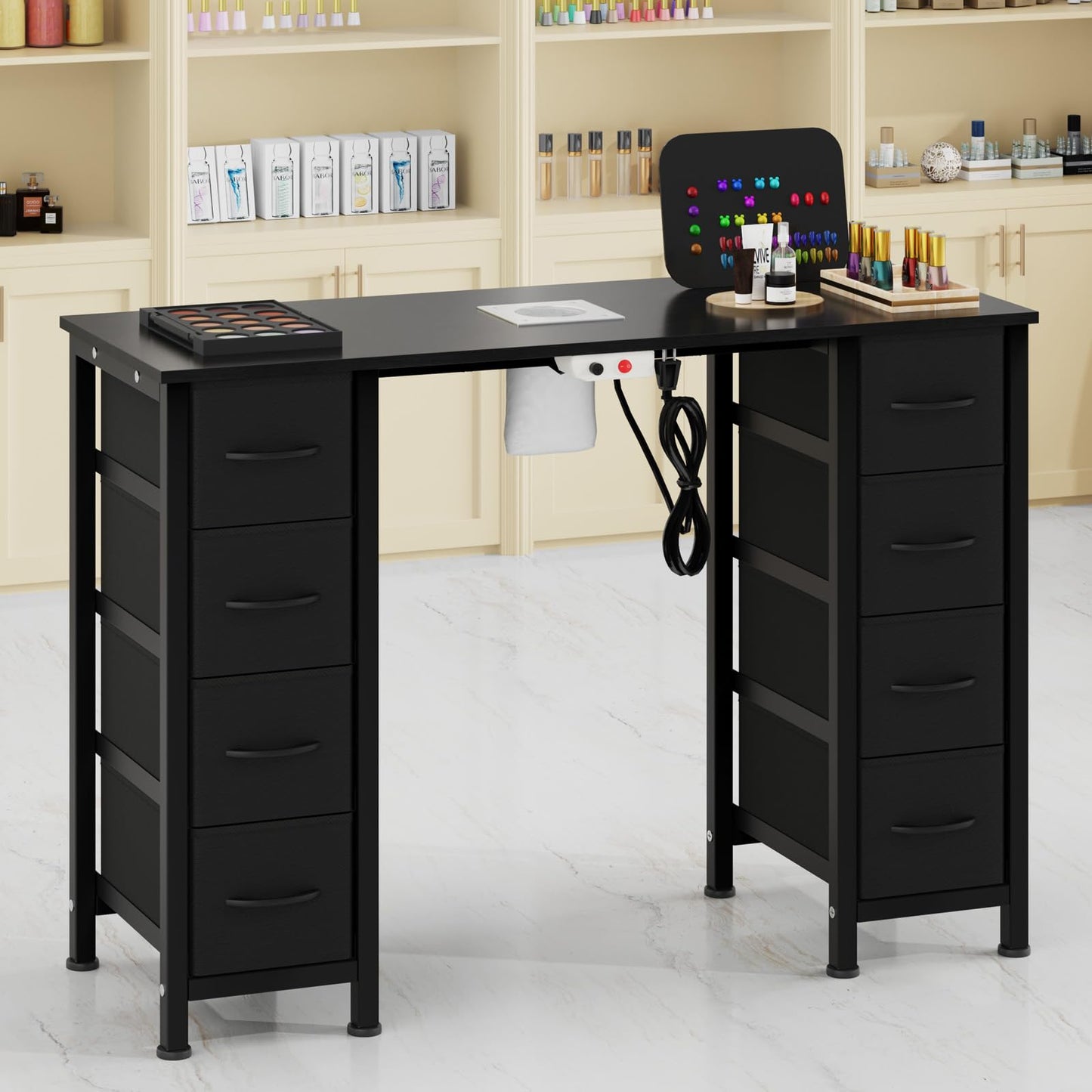 DrawXynth Nail Desk, Manicure Table, Nail Beauty Salon Workstation w/Electric Dust Collector, 8 Fabric Drawers
