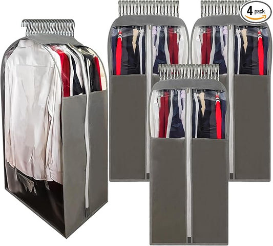 15" Gusseted Suit Bags for Closet Storage, 40" Clear Garment Bags for Hanging Clothes, Completely Sealed Suits Covers and Dust-proof Protector with Full Heavy-duty Side Zipper for Travel, 4-Pack