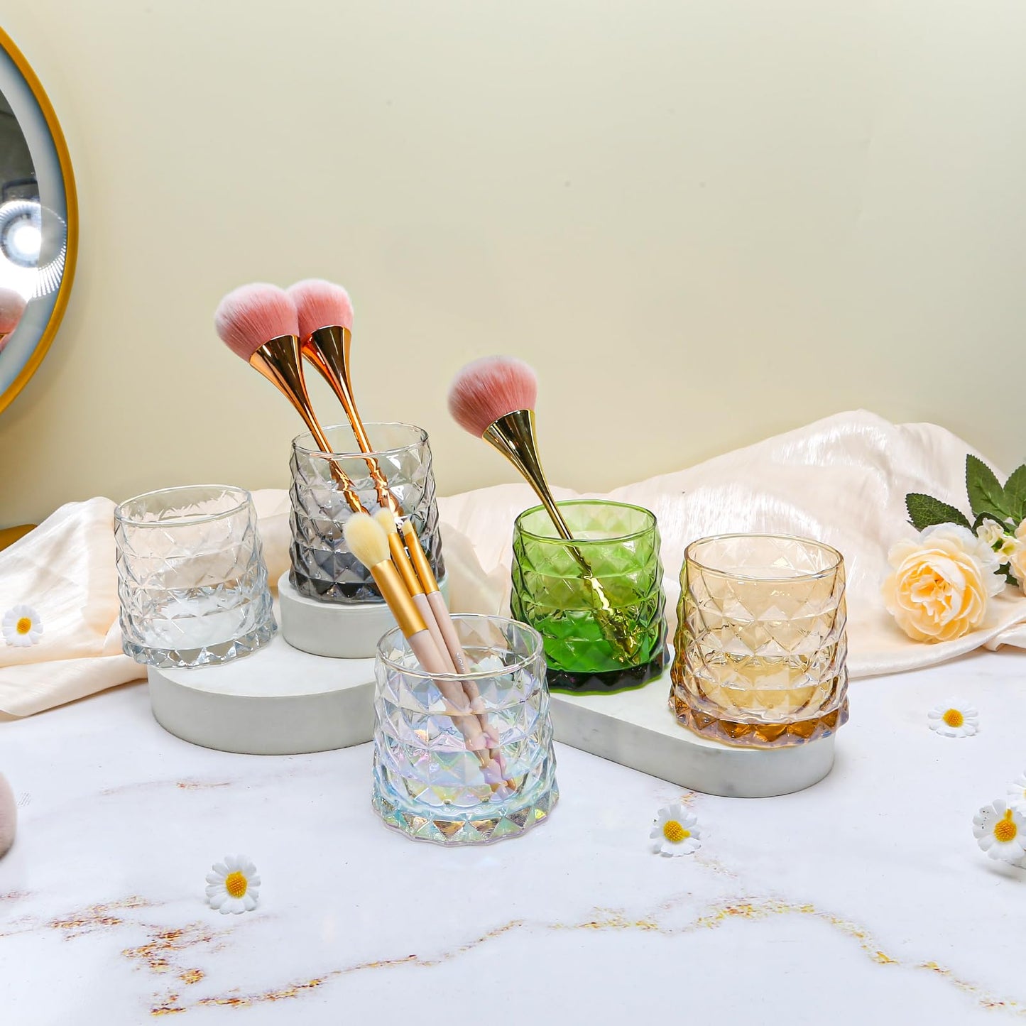 DASITON Glass Makeup Brush Holder Organizer, Diamond Pattern Cosmetic Storage Cup, Makeup Organizer for Vanity, Bathroom Countertop Toothbrush Holder, Desk Pen Pencil Holder (Iridescent)