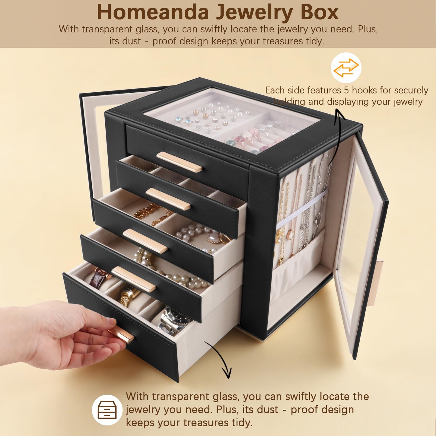 Homeanda Jewelry Box for Women with Glass Lid, 5 Drawers Jewelry Organizer and Storage for Necklaces, Rings, Earrings, Bracelets, Gift for Girls and Teens,PU Leather (Black)
