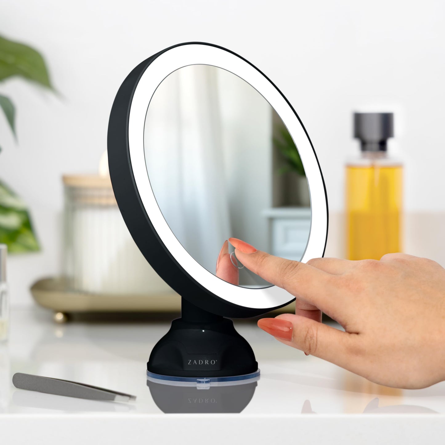 Zadro Zado 8.25-Inch x 6.9-Inch Round LED Lighted Wall Mounted Suction Cup Makeup Mirror with 10X Magnification and Touch Controls (Black)