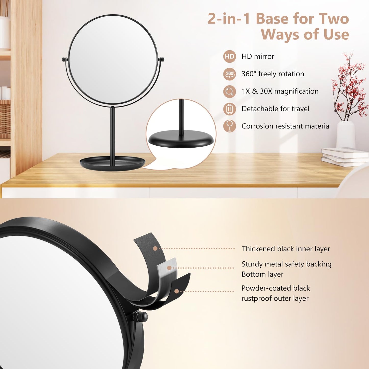 DECLUTTR 30X Magnifying Makeup Mirror, 8 Inch Tabletop Mirror with Stand, Double-Sided Metal Vanity Mirror for Bathroom, Black