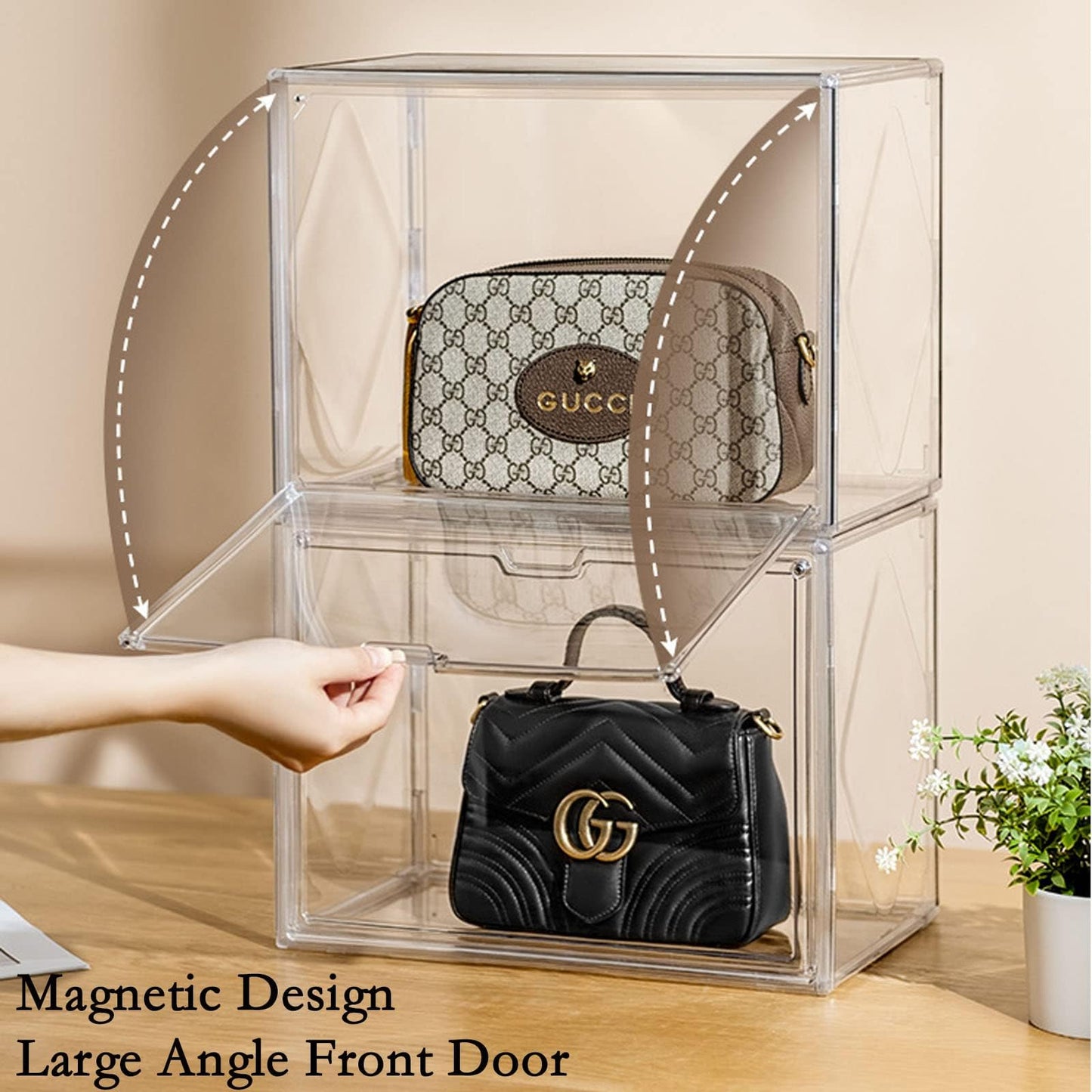 WMM Purse Storage Organizer for Closet, 3 Packs Plastic Acrylic Clear Handbag Purse Shoes Book Figure Toy Display Case, Storage Bins for Cosmetic, Stackable Magnetic Drop Front Storage Organizer