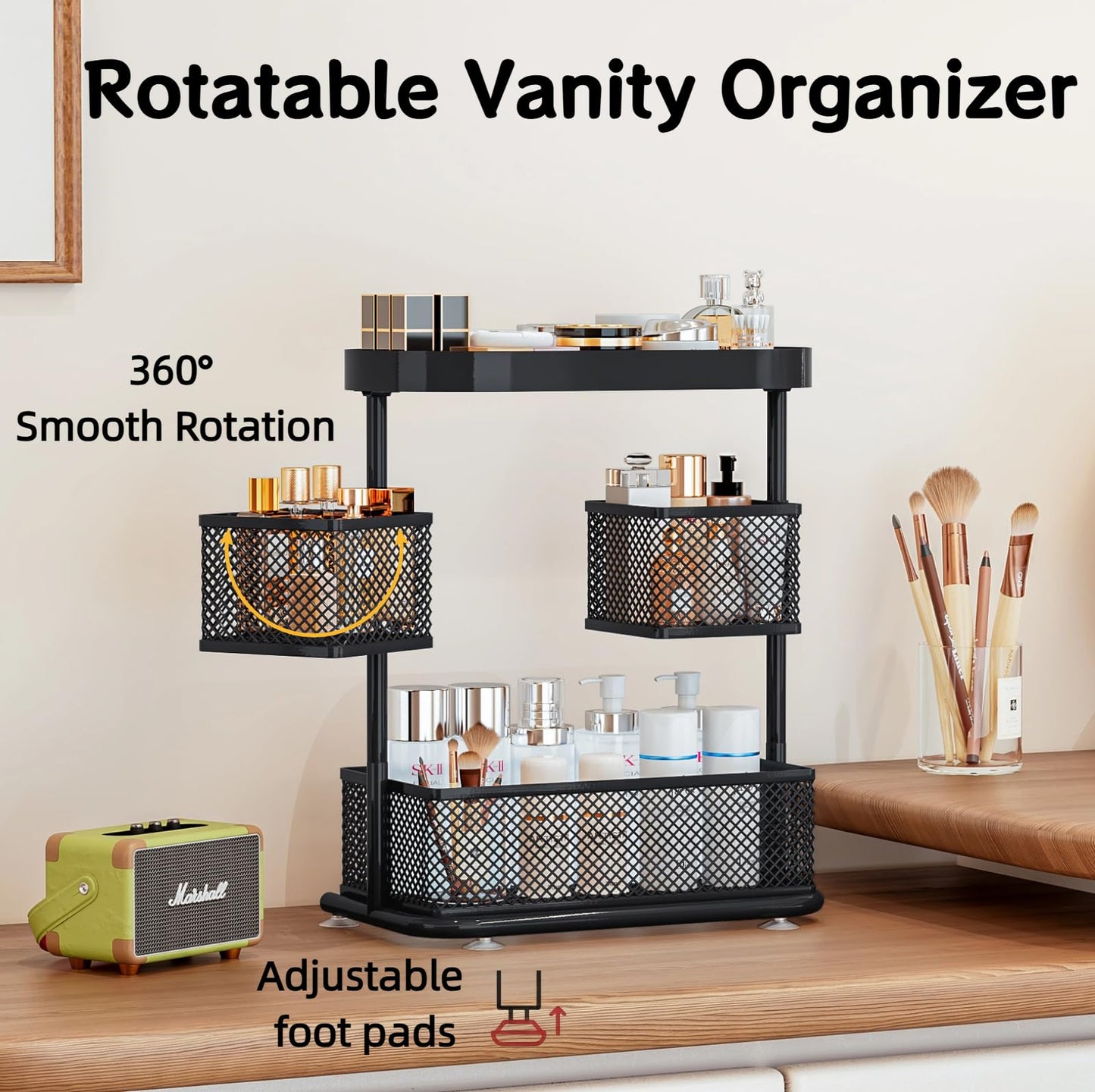 Dazioter 3-Tier Rotating Bathroom Organizer 360° Cosmetic Holder with Anti-Slip Base for Countertop, Vanity, Kitchen Spice Rack Metal Storage Shelf (Black)