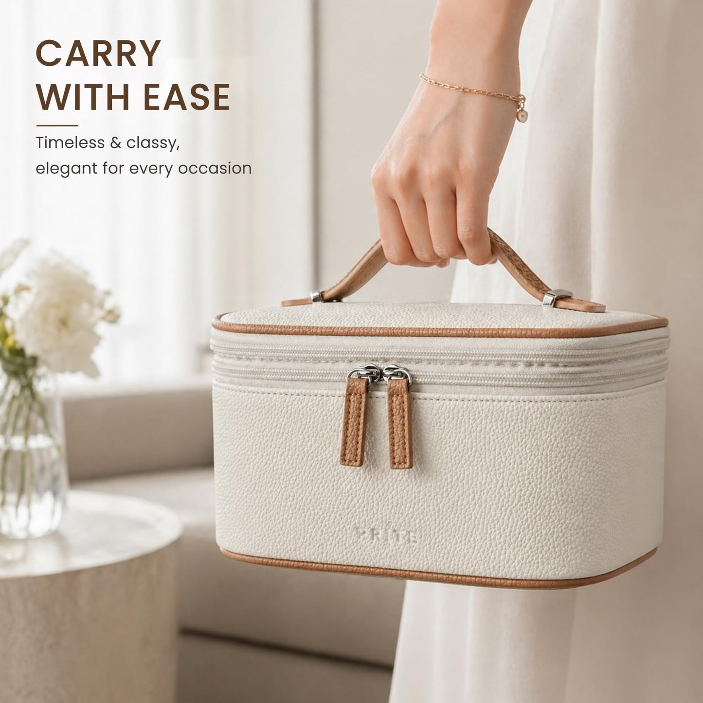 Prite 2 Pcs Makeup Bag Set Travel Cosmetic Case 2-Layer Vegan Leather Jewelry Organizer with Waterproof Clear Toiletry Bag for Women