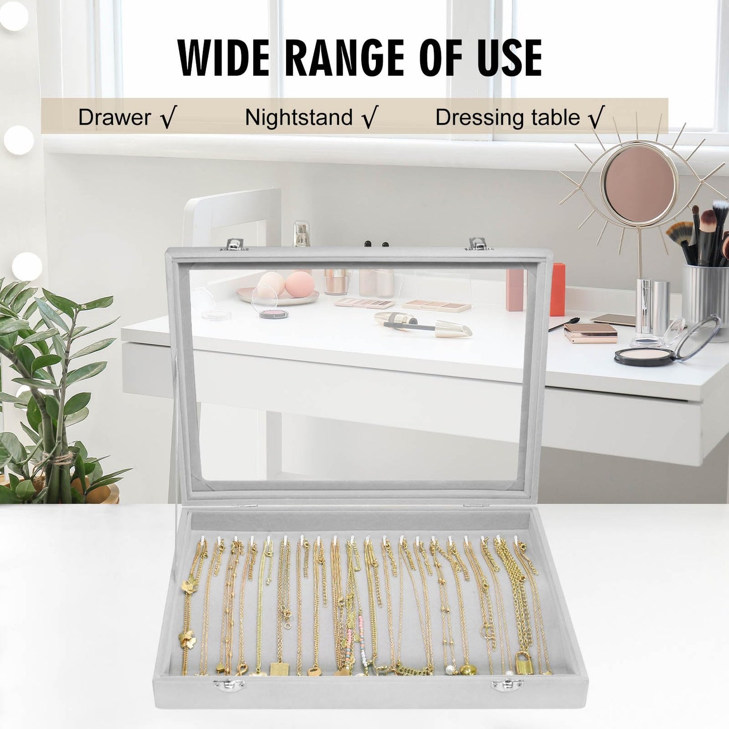 Siveit Necklace Organizer Box Premium 20 Hooks Velvet Necklace Display Jewelry Tray with Transparent Lid Jewelry Necklace Display Box for Necklace Pendants Suitable for Women and Girls (Grey)