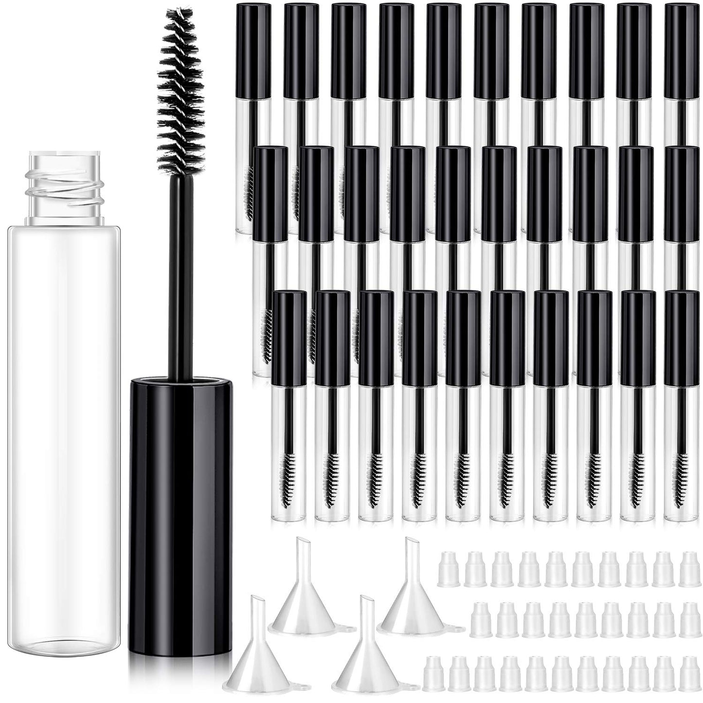 Maitys 30 Pack 10 ml Empty Mascara Tubes with Brush Wand Refillable Eyelash Cream Container Bottle with Funnels Leak Stoppers for Castor Oil/eyebrow Growth Serum/coconut Oil DIY Cosmetics(Black)