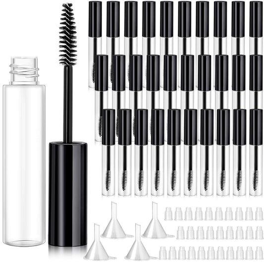 Maitys 30 Pack 10 ml Empty Mascara Tubes with Brush Wand Refillable Eyelash Cream Container Bottle with Funnels Leak Stoppers for Castor Oil/eyebrow Growth Serum/coconut Oil DIY Cosmetics(Black)