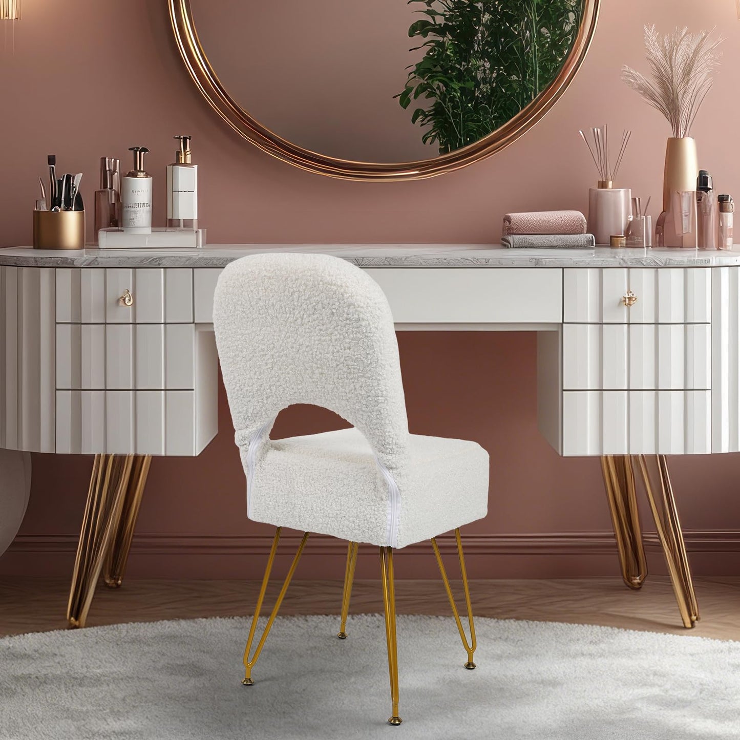 mapleway Small Vanity Stool Chair with Storage and Adjustable Folding Back 12.6" x 13.8" x 29.9" Alpaca Fur Soft Ottoman 4 Metal Legs with Anti-Slip Feet Furry Padded Seat for Makeup, Bedroom, White