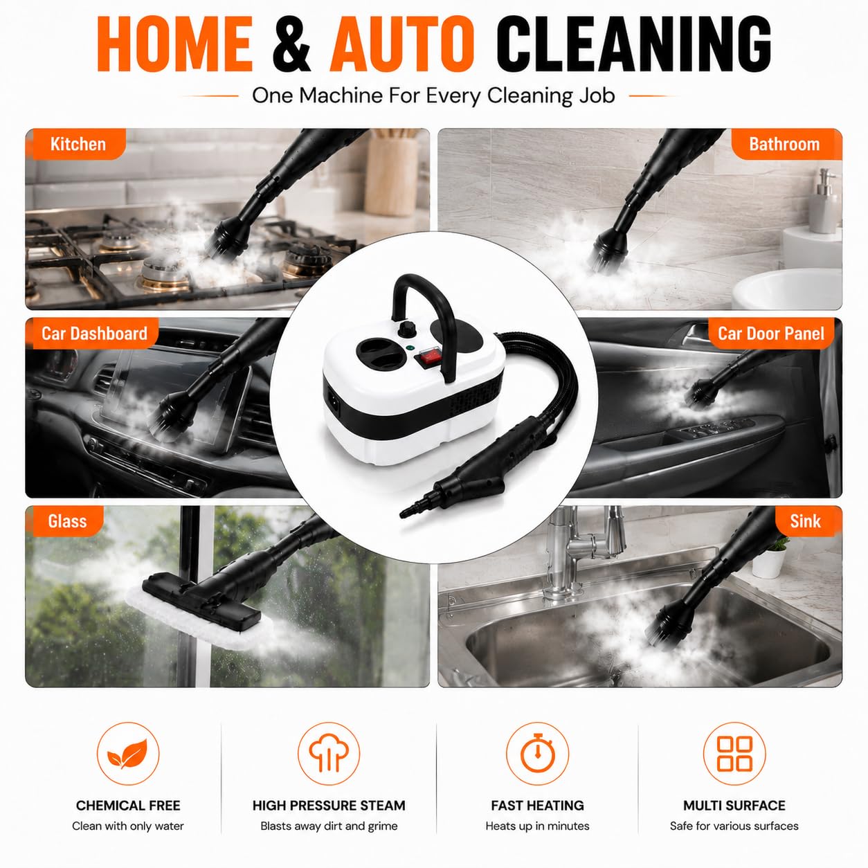 VERIBURRASCAN Pressurized Handheld Steam Cleaner, 221°F High-Temp Steamer for Deep Cleaning, Chemical-Free for Pets & Kids, 10-Piece Accessory Kit for Car, Couch, Grout, Tile & Floor