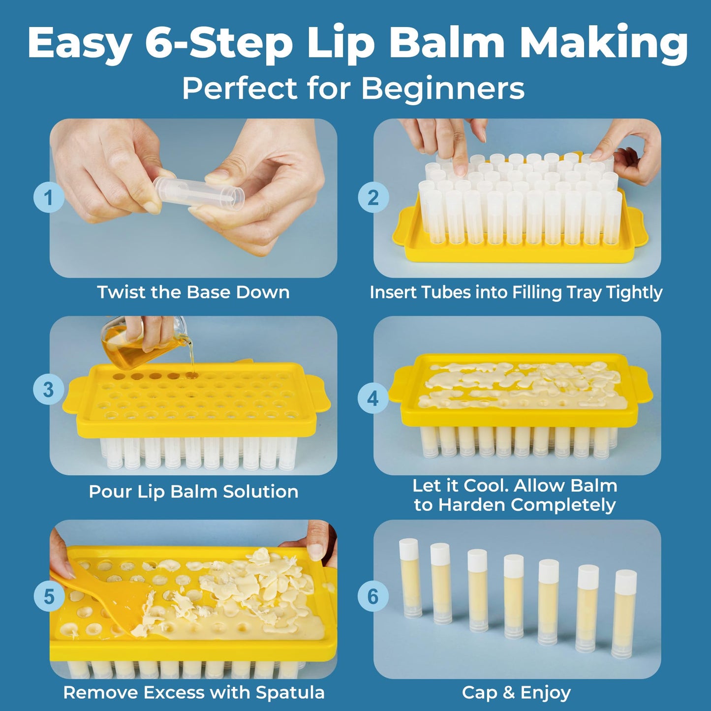 LotFancy Lip Balm Tubes Kit with Filling Tray & Spatula, 50 Pcs 5.5ml (3/16 oz) Clear Empty Lip Balm Containers with White Caps, BPA-Free, Leak-Resistant