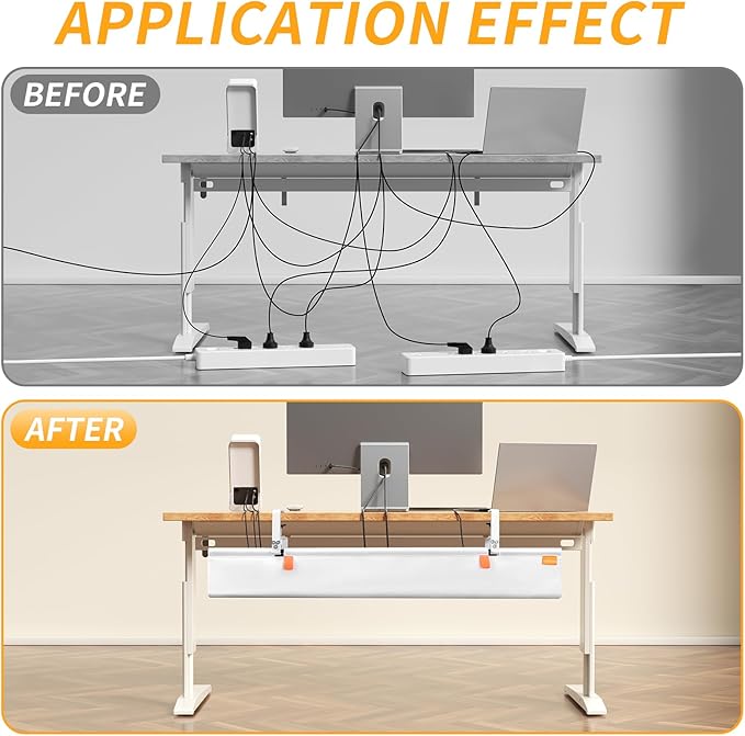 Under Desk Cable Management Tray, No Drill Desk Cord Organizer with Clamp, 28" Fabric Cable Management for Standing Desk Office & Home, White