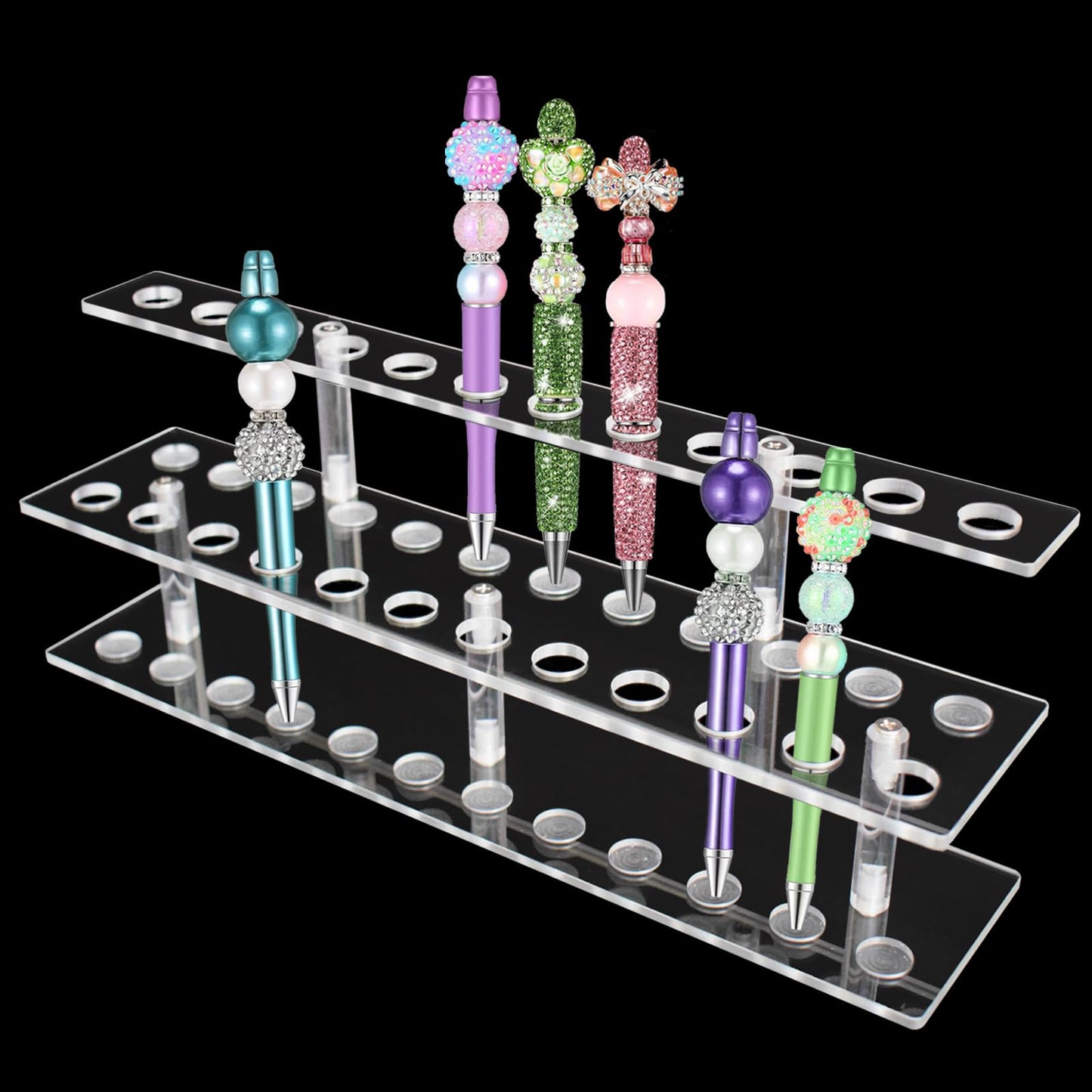 HESHUYU Acrylic Pen Display Stand 24 Slots 1.5cm Clear Pen Stand Display 2 Tier Acrylic Pen Holder Stand for Beadable Pen Pencil
