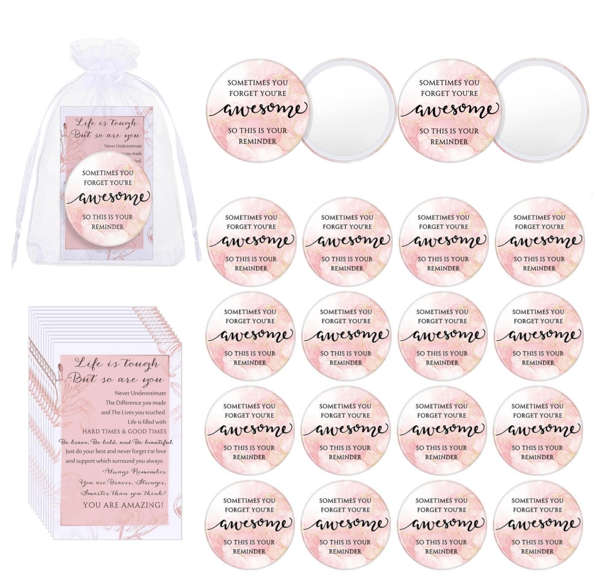 Cinnvoice 25 Set Inspirational Compact Mirror Bulk Gift for Women Mini Makeup Pocket Mirror with Motivational Card for Graduation Teacher Nurse Mental Health Month Employee Coworker (Pink)