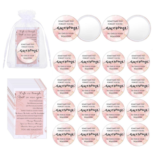 Cinnvoice 25 Set Inspirational Compact Mirror Bulk Gift for Women Mini Makeup Pocket Mirror with Motivational Card for Graduation Teacher Nurse Mental Health Month Employee Coworker (Pink)