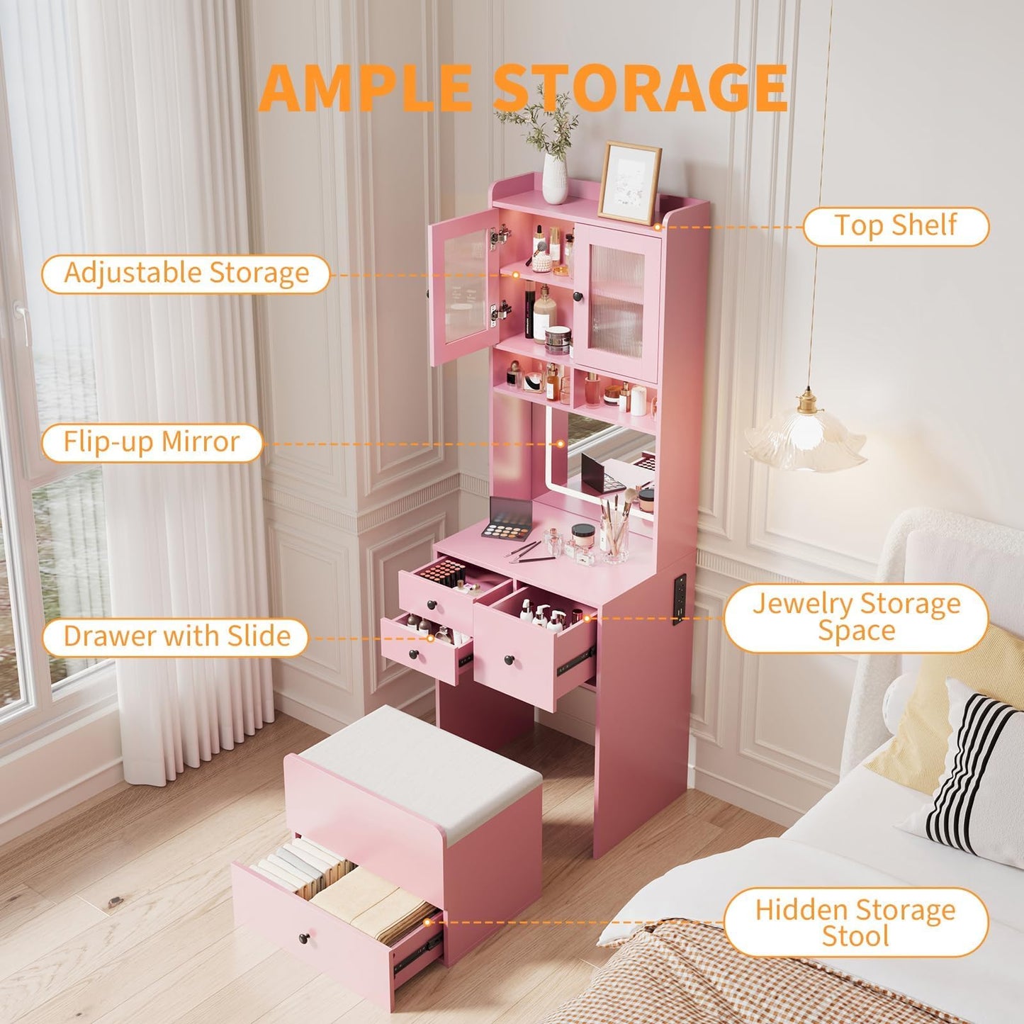 3-in-1 Make Up Vanity Desk with Mirror & Lights, Compact Vanity Table with Drawers, Storage Compartment and Rolling Stool, Modern Small Makeup Vanity and Storage Chair for Bedroom, Powder Room