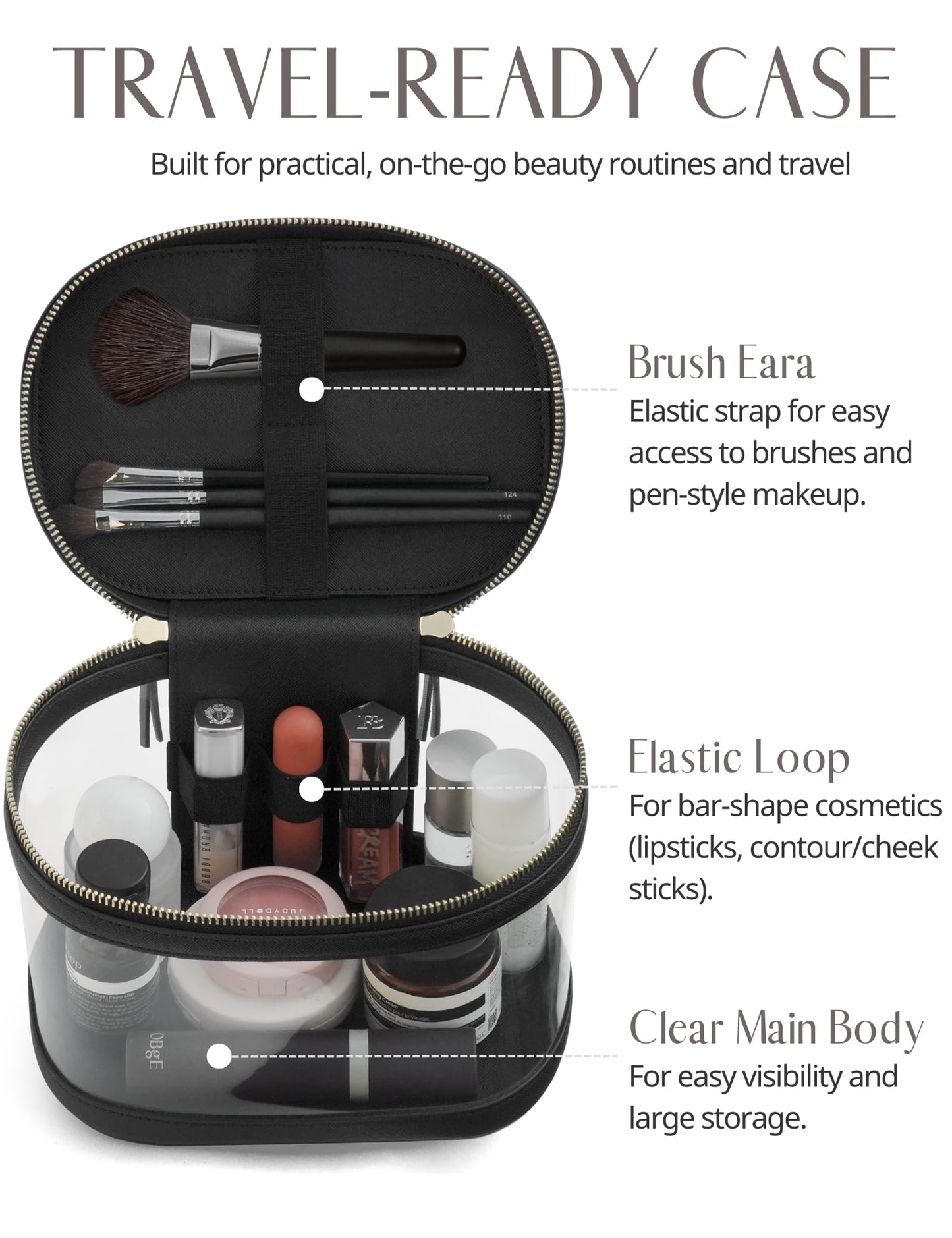 Popvibe Travel Makeup Bag Clear Compact Make Up Vanity Case with Brush Storage and Top Handle, Toiletry Makeup Case Traveling Leather Cosmetic Bag, Portable Medium Large Sized Train Case, Black