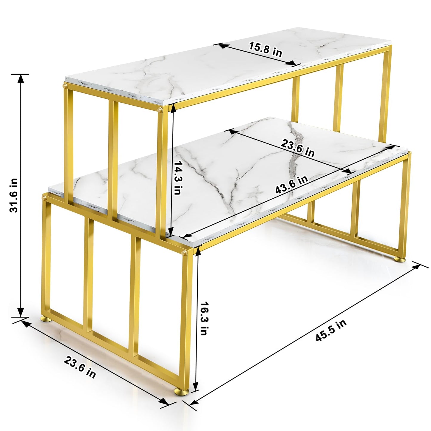 CIVANA 2 Tier Retail Display Table for Shoes & Handbags, Gold Metal and Wood Boutique Display Stand, Heavy Duty Display Riser Shelf for Clothing Stores, Vendor Events, Showroom & Home, 45.2"
