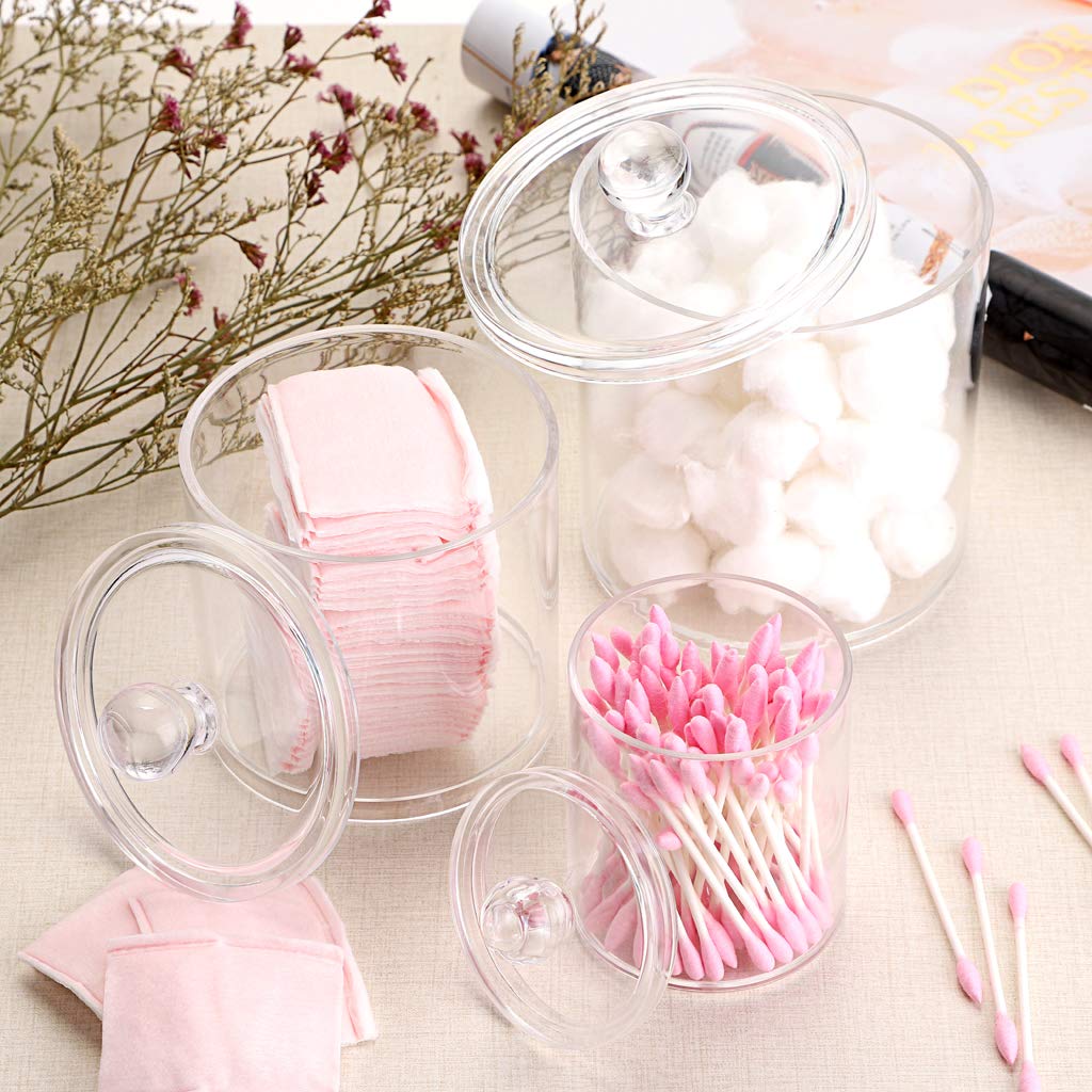 Hipiwe Set of 3 Cotton Ball and Swab Organizer With Lid - Apothecary Acrylic Jar Makeup Organizer, Q-Tips Holder, Bathroom Vanity Storage Canister for Rounds and Pads
