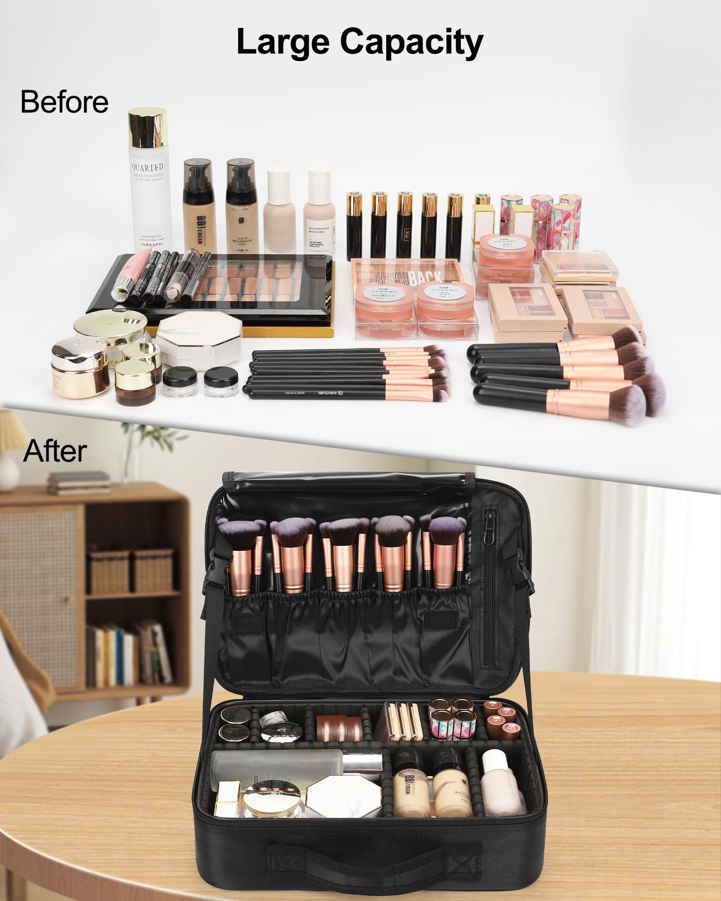 Relavel Makeup Bag Train Case for Women Travel Cosmetic Organizer with Adjustable Dividers and Brush Compartment, Large Storage Box for Cosmetics, Toiletries, Nail Polish, Jewelry, Electronic (Black)