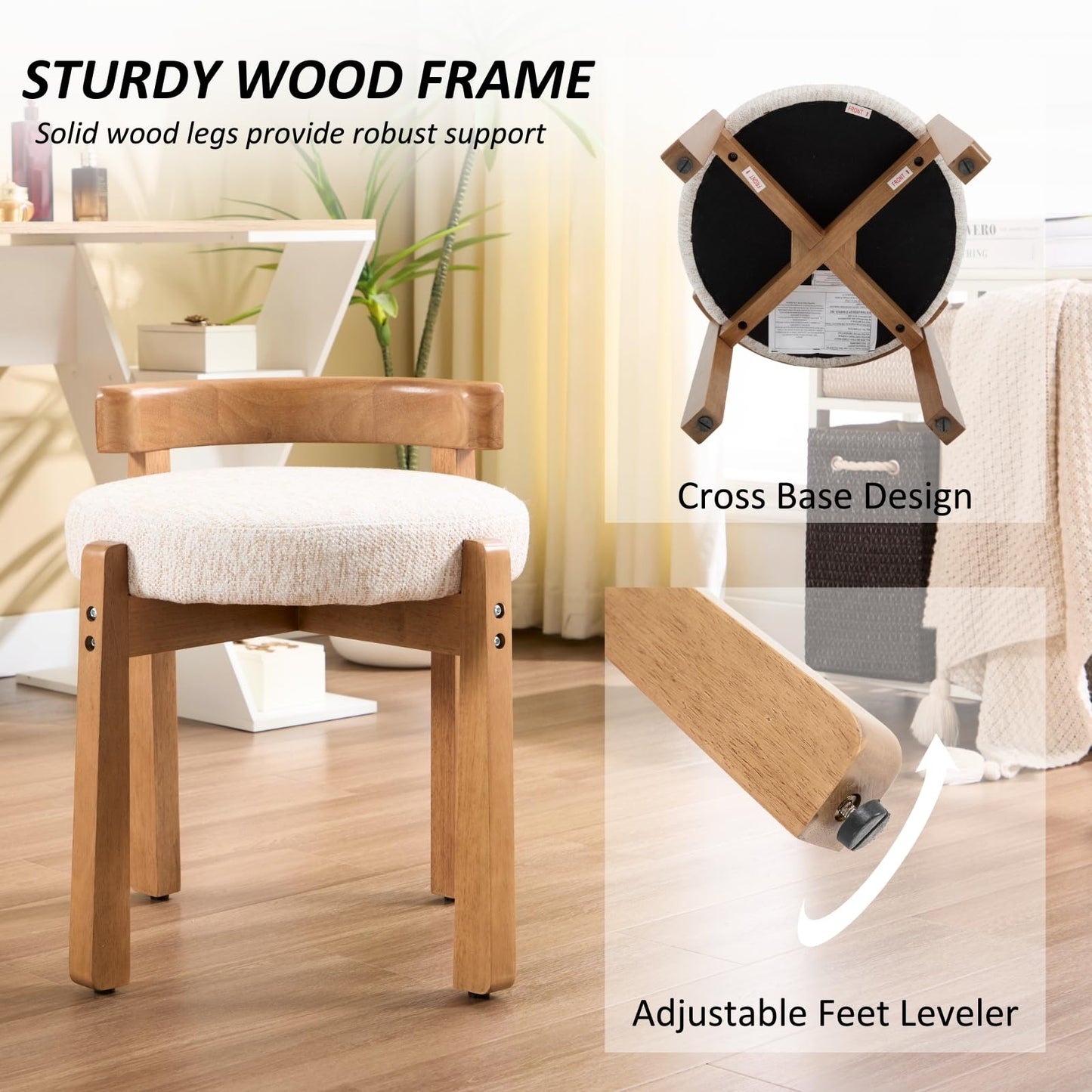 HEAH-YO Wood Vanity Chair with Back, Chenille Upholstered Small Ottoman Footstool, Mid-Century Modern Makeup Chair with Solid Wood Legs for Makeup Room Bedroom Living Room, Beige