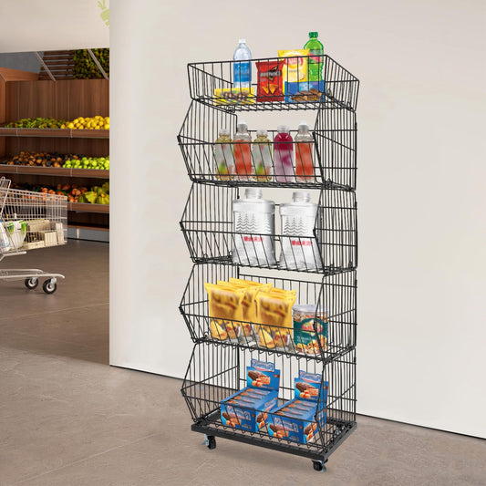 Retail Display Rack, 5-Tier Market Shelf with Wheels Metal Fruit Storage Shelf Vegetable Snack Basket Supermarket Retail Rack Display Stand for Supermarkets Stores Bars 18.9*17.72*55.12in Black