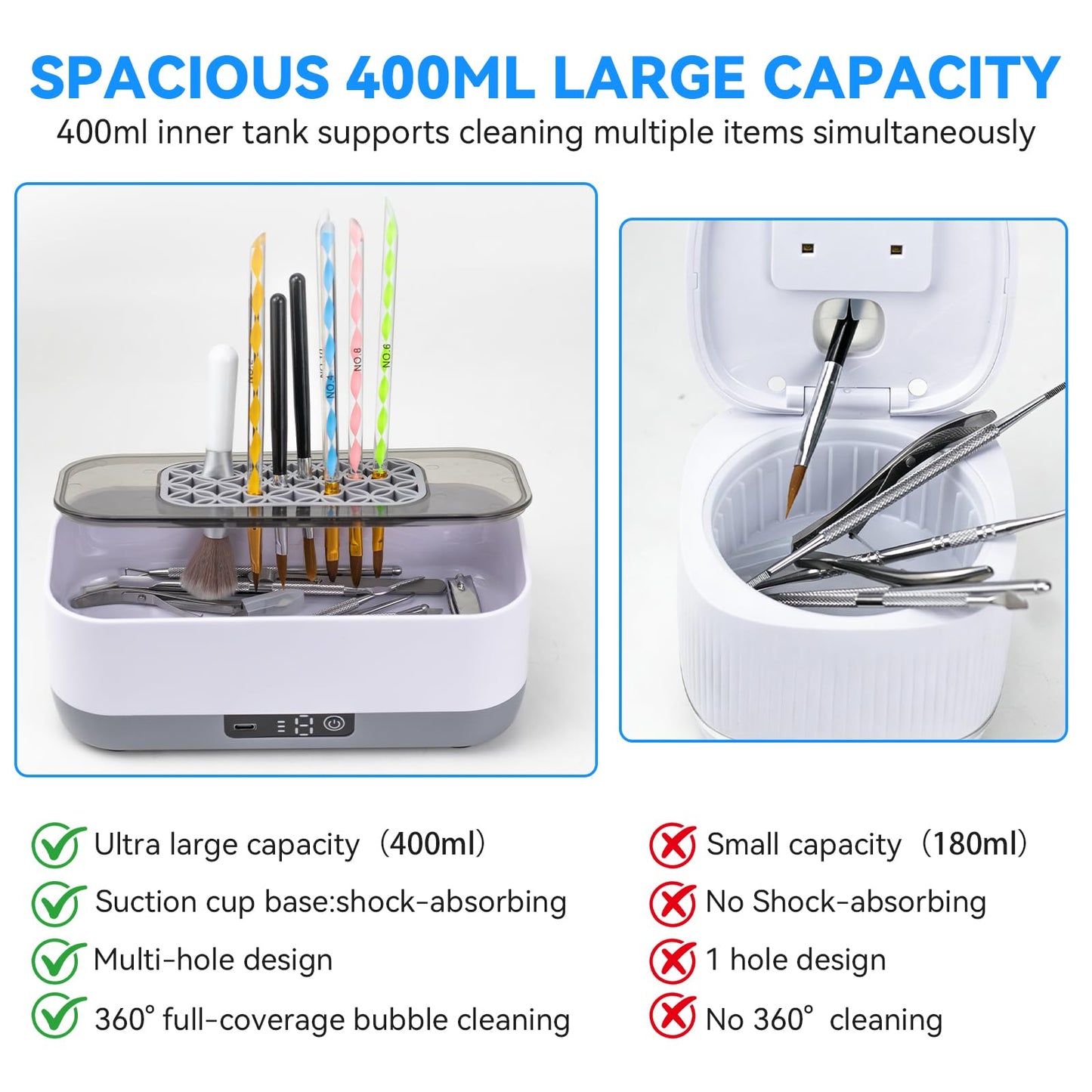 SOAEVUM 400ML Nail Tools Cleaning Machine with Brush Holder Grid, Large-Capacity 3 Timers Mode Use for Nail Drill Bits, Art Brushes, Cuticle Tools, Nail Clipper, for Nail Art Enthusiast at Home