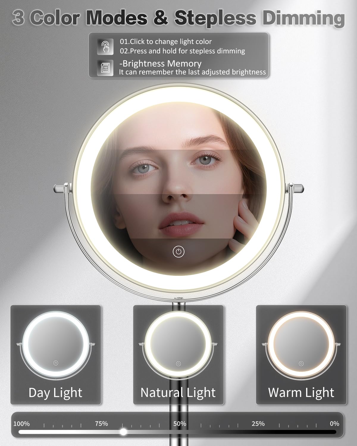 VFD 30X/1X Makeup Mirror with Lights, Height Adjustable Lighted Magnifying Vanity Mirror with 3 Lighting and Adjustable Brightness, 3000mAh Rechargeable Double Sided Switch