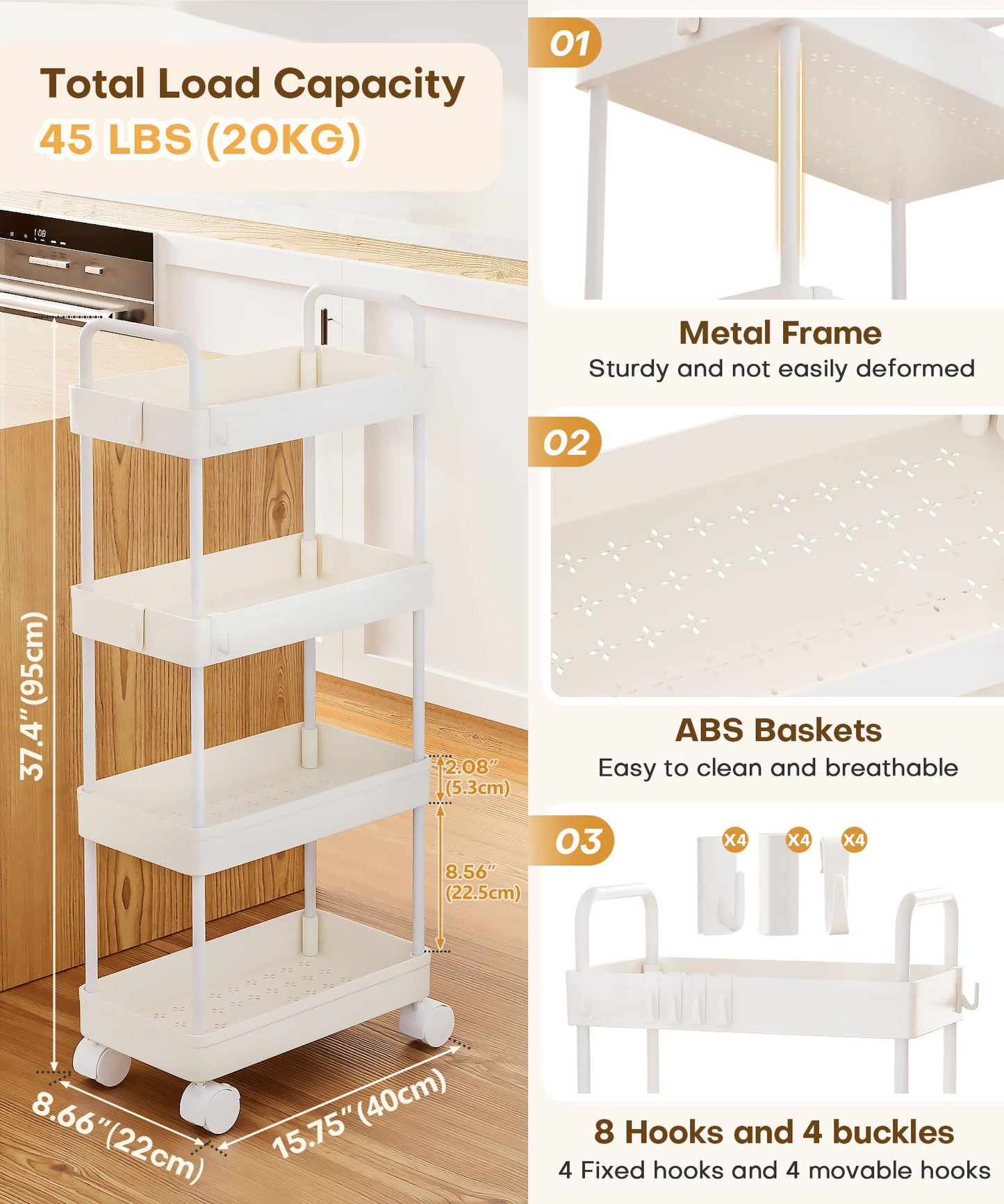 Homde Slim Rolling Cart for Kitchen: 4-Tier Space-Saving Narrow Floor Organizer - 37.4in Tall Vertical Storage for Bottles & Jars - Locking Wheels 8 Hooks for Hang & Grab