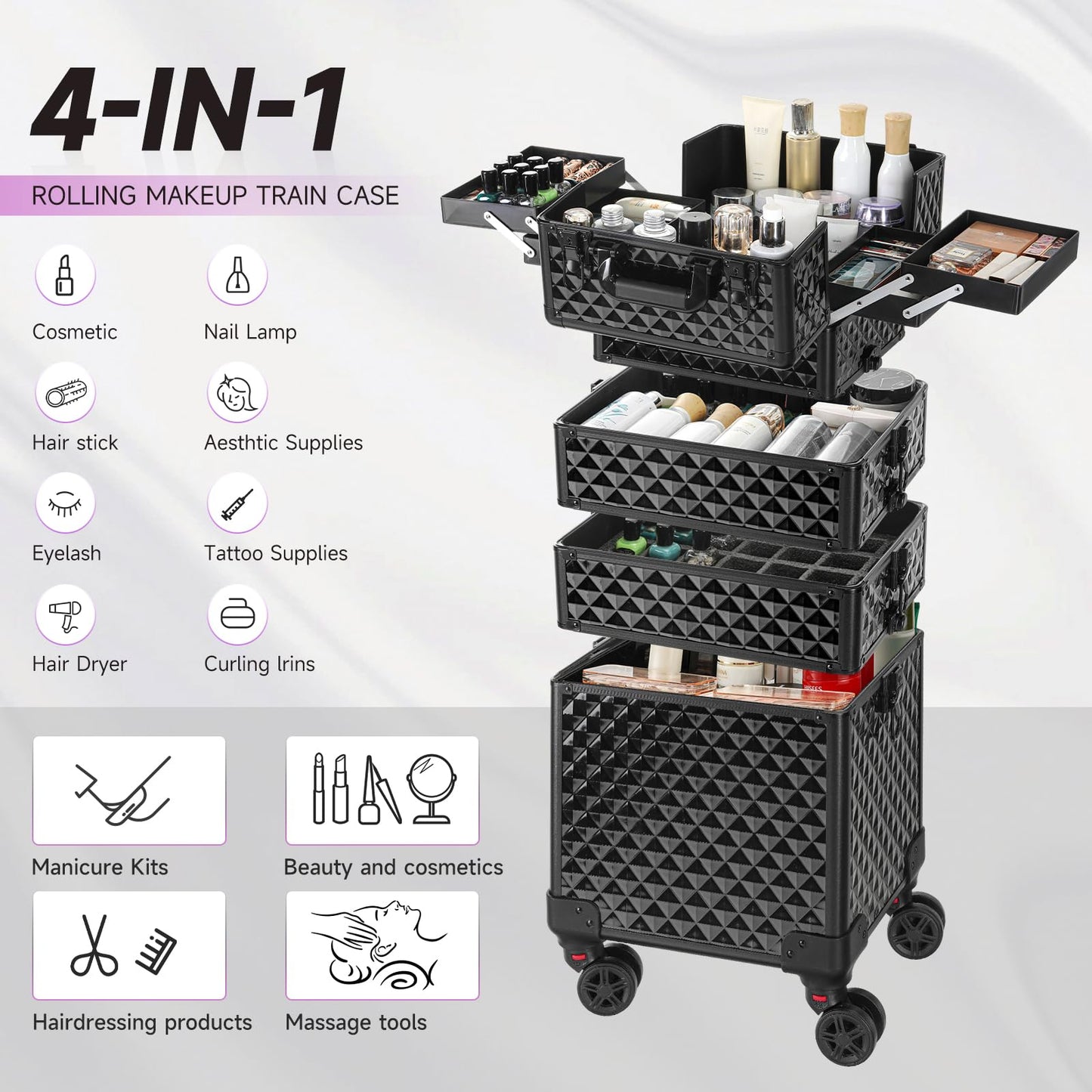 Leeora&Leekoo Portable Multi-Storey Nail Case for Nail Tech Organizer - Wheels Makeup Case Organizer, Cosmetic Case, Makeup Train Case, Make Up Case 8036(Black)