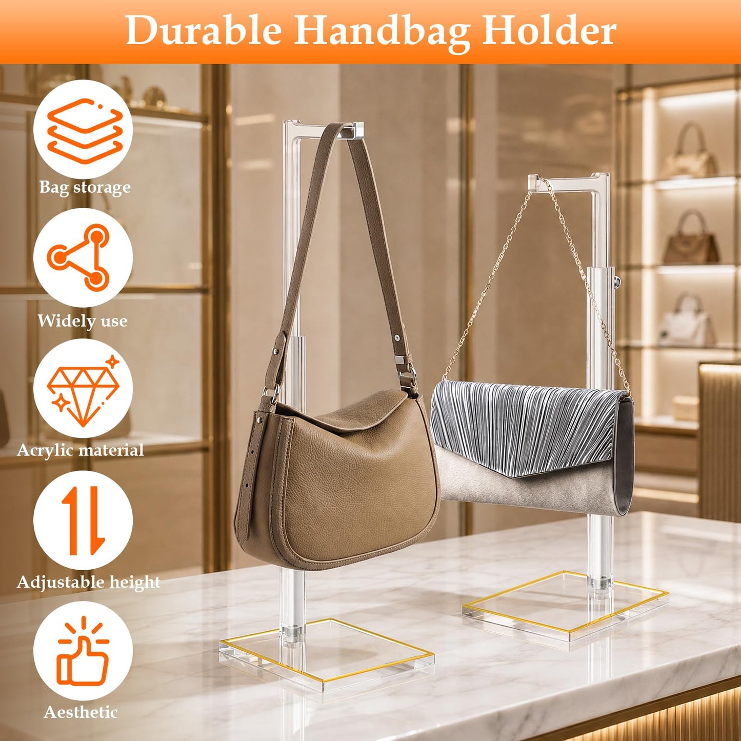 Perposnow Adjustable Purse Display Stands, 2Pcs 14"-24" Height Acrylic Handbag Holder, Durable Evening Bag Rack with Gold Trim Base, Clear Single Hook Purse Stand for Retail Boutique Vendor Closet
