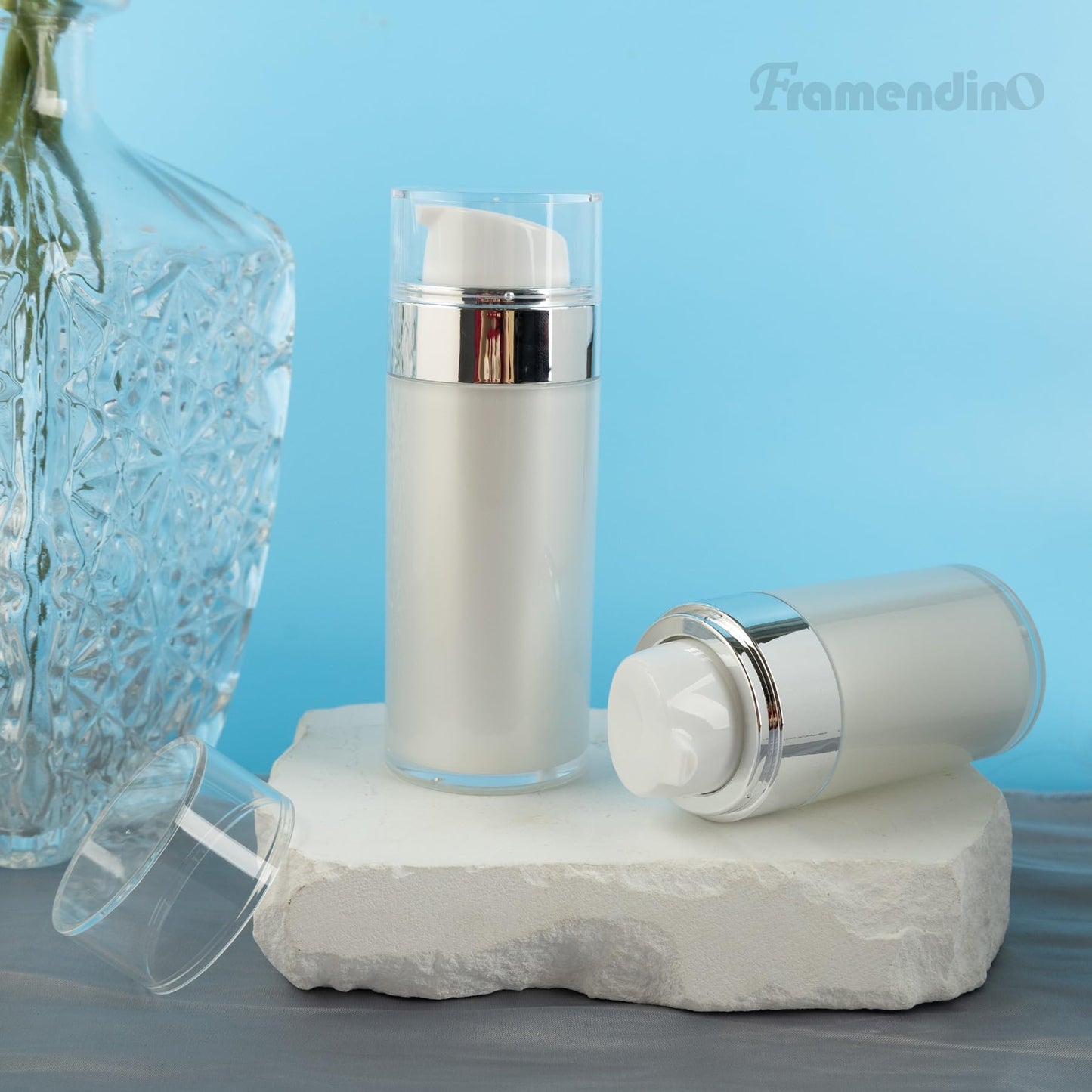 Framendino, 2 Pack Wide Mouth Pump Bottle Lotion Dispenser Airless Bottles Refillable Moisturizer Container with Silicone Spatula 1oz and 1.7oz