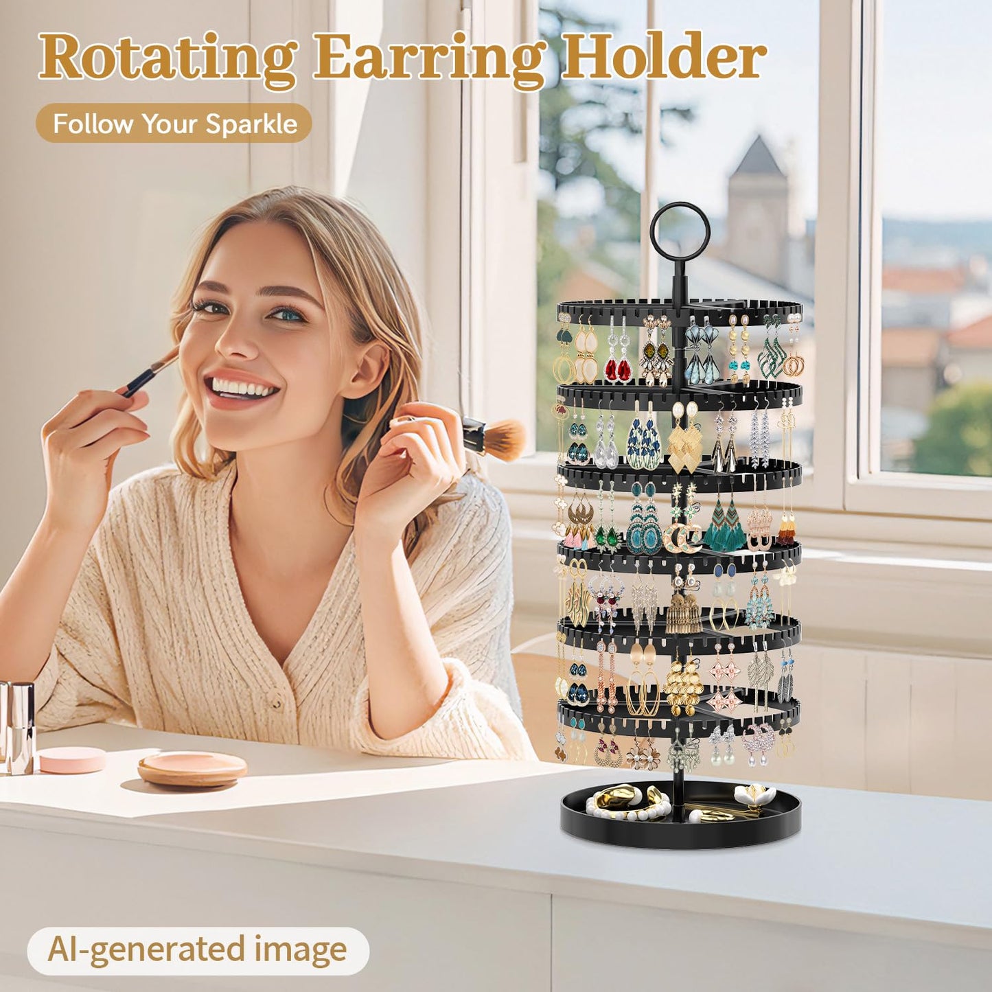 MODOWEY 6 Tier Rotating Earring Holder Organizer Display Tree with Metal Tray, Adjustable Plastic Stand with 342 Slots for Stud Hoop Hanger, Large Capacity Storage Rack for Women Space Saving, Black
