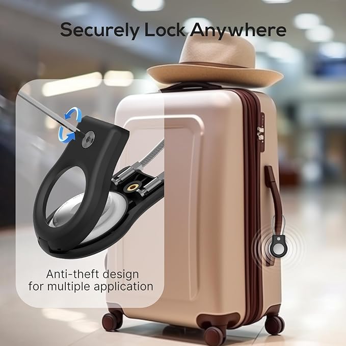 AirTag Keychain Holder - (4 Pack) Airtag Lock Case with Wire Cable Compatible with Apple AirTags,Ultra Durable Anti-Lost Protective Case with Keyring for Luggage, Key, Backpack, Pet, Bag Black/Blue