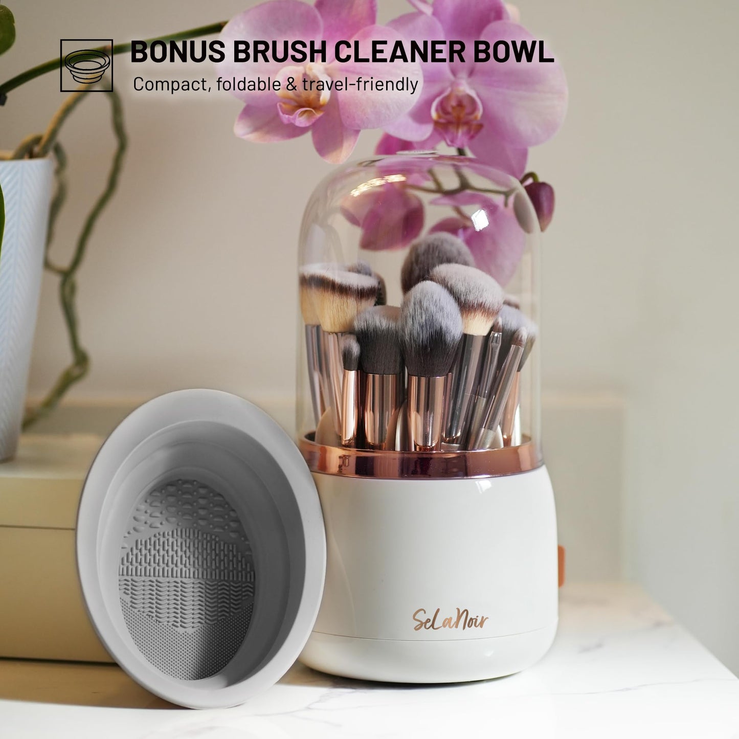 Selanoir Rotating Makeup Brush Holder with Lid Dustproof Vanity Organizer for Makeup Brushes, Bonus Foldable Makeup Brush Cleaner Bowl Included