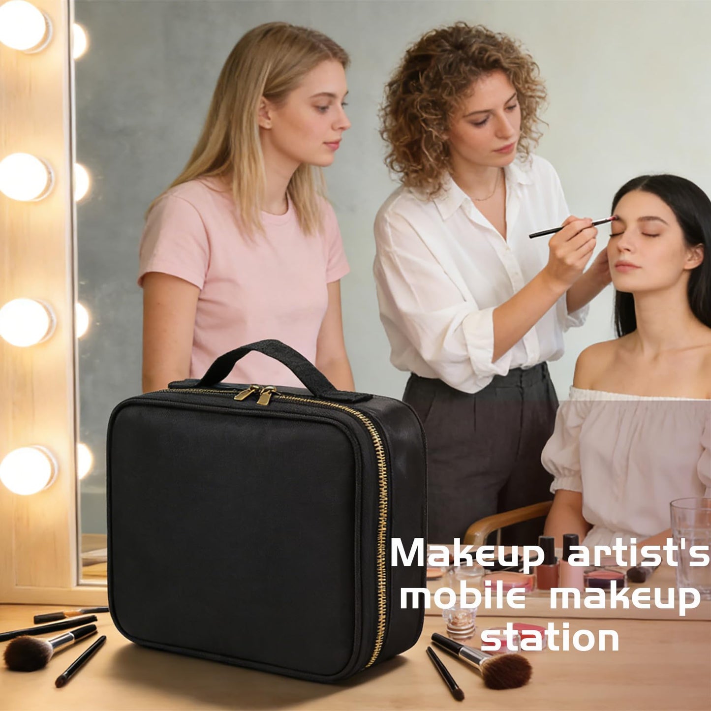 Makeup Bag with Mirror, Large-Capacity Free Partition Storage, Simple Travel Storage Box, Multi-Layer Fabric, Portable Travel Makeup Case, Multi-Purpose, Gift for Women