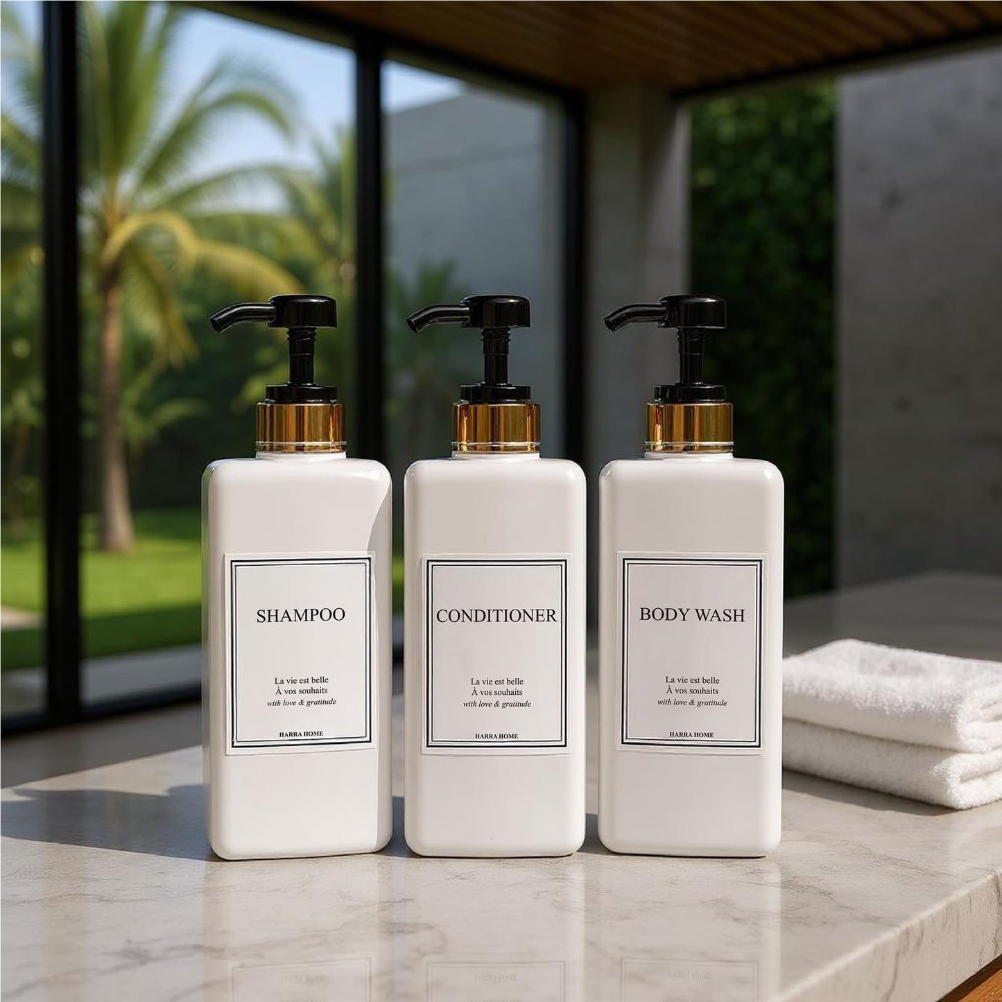 Modern Gold Design Shampoo and Conditioner Dispenser - Large 27oz Shower Soap Dispenser, Set of 3 Refillable Empty Plastic Pump Bottles for Bathroom and Body Wash (6 Waterproof Labels Included), Black