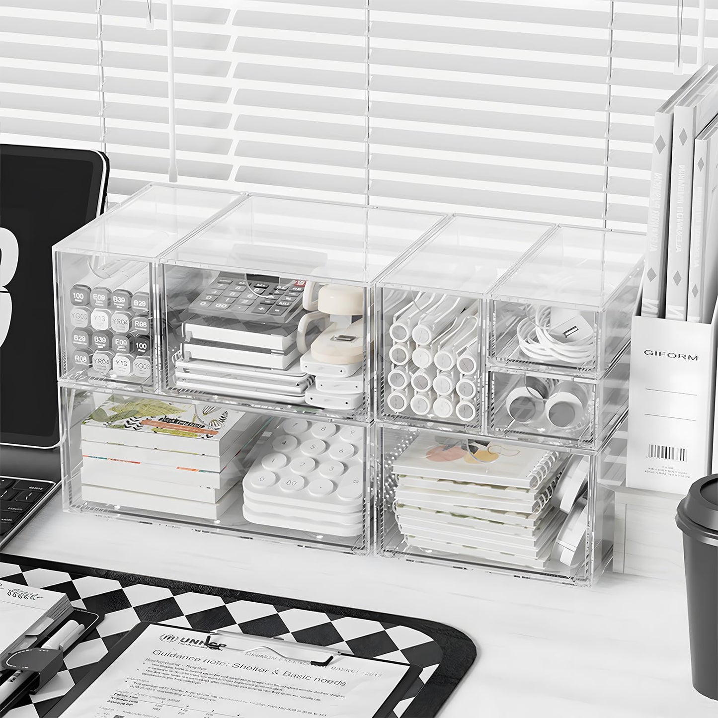 DoMyfit Desk Organizers, Makeup Organizer Storage, Desktop Office Supplies, Clear Desk Accessories, Dustproof Drawer Organizer and Storage for Make Up, Jewelry, Pen, Desktop Stationary (6 Drawers)