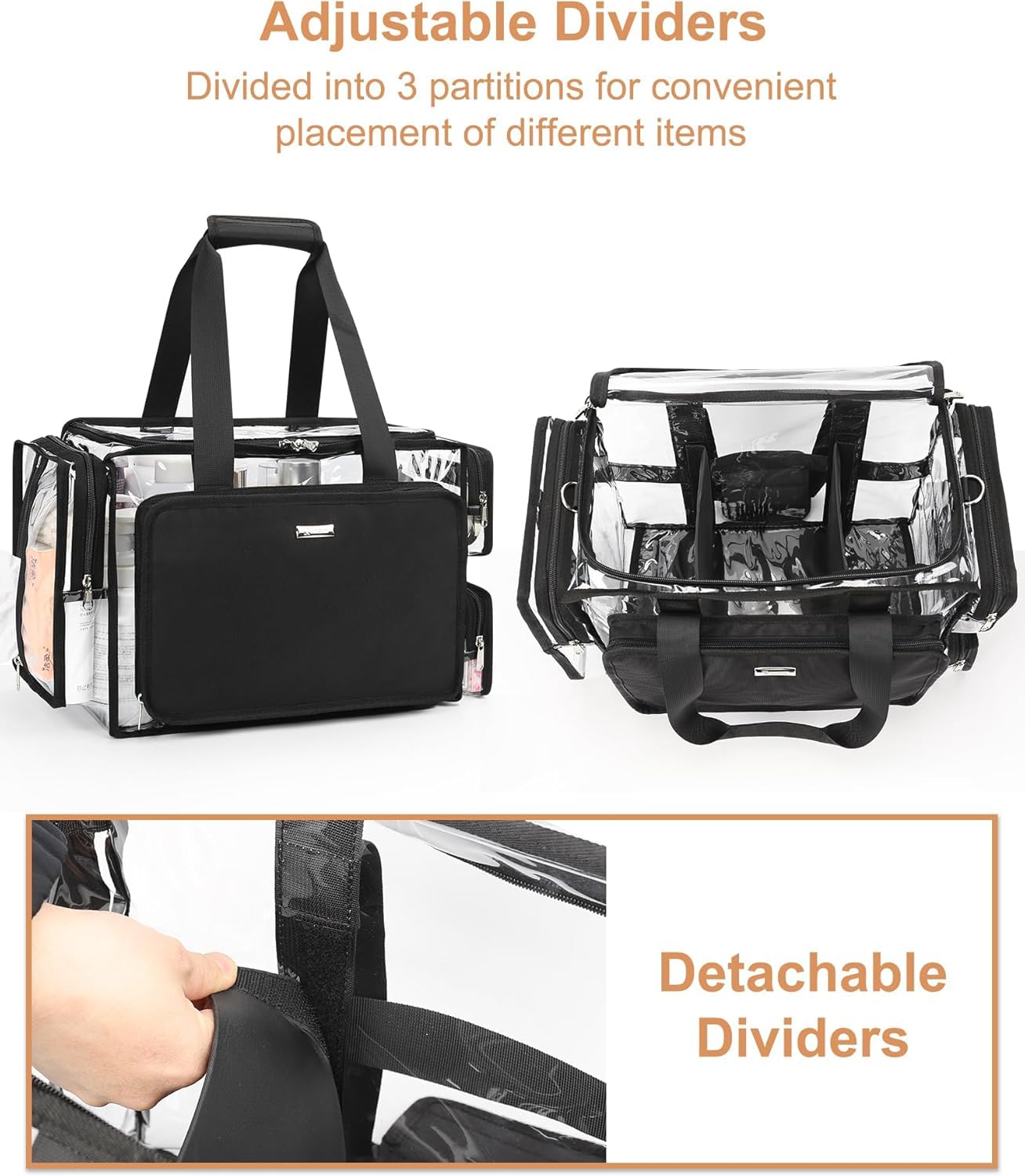 Relavel Clear Makeup Bag with 4 Small Pouches, Extra Large Makeup Artist Kit Set, Cosmetic Storage Organizer Transparent Tote Beach Toiletry Bag with Adjustable Dividers & Shoulder Strap