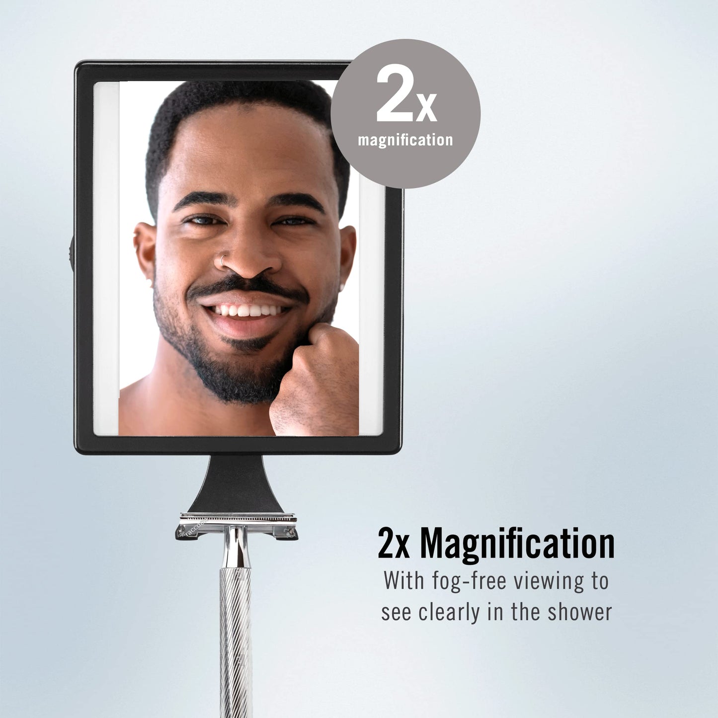 ConairMan Lighted Mirror, Fogless Mirror for Shower with 2X Magnification, Shower Mirror Fogless for Shaving, Battery Operated in Glossy Black, 7.3"L x 5"W