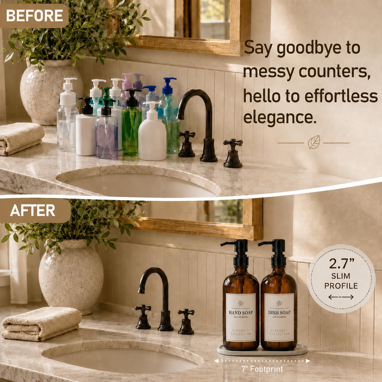 Fachixy Amber Glass Soap Dispenser (2 Pack), 16 Fl Oz Hand & Dish Soap Dispenser Bottles Set with Leak-Resistant Stainless Steel Pump, Non-Slip Pad, 14 Waterproof Labels for Kitchen and Bathroom